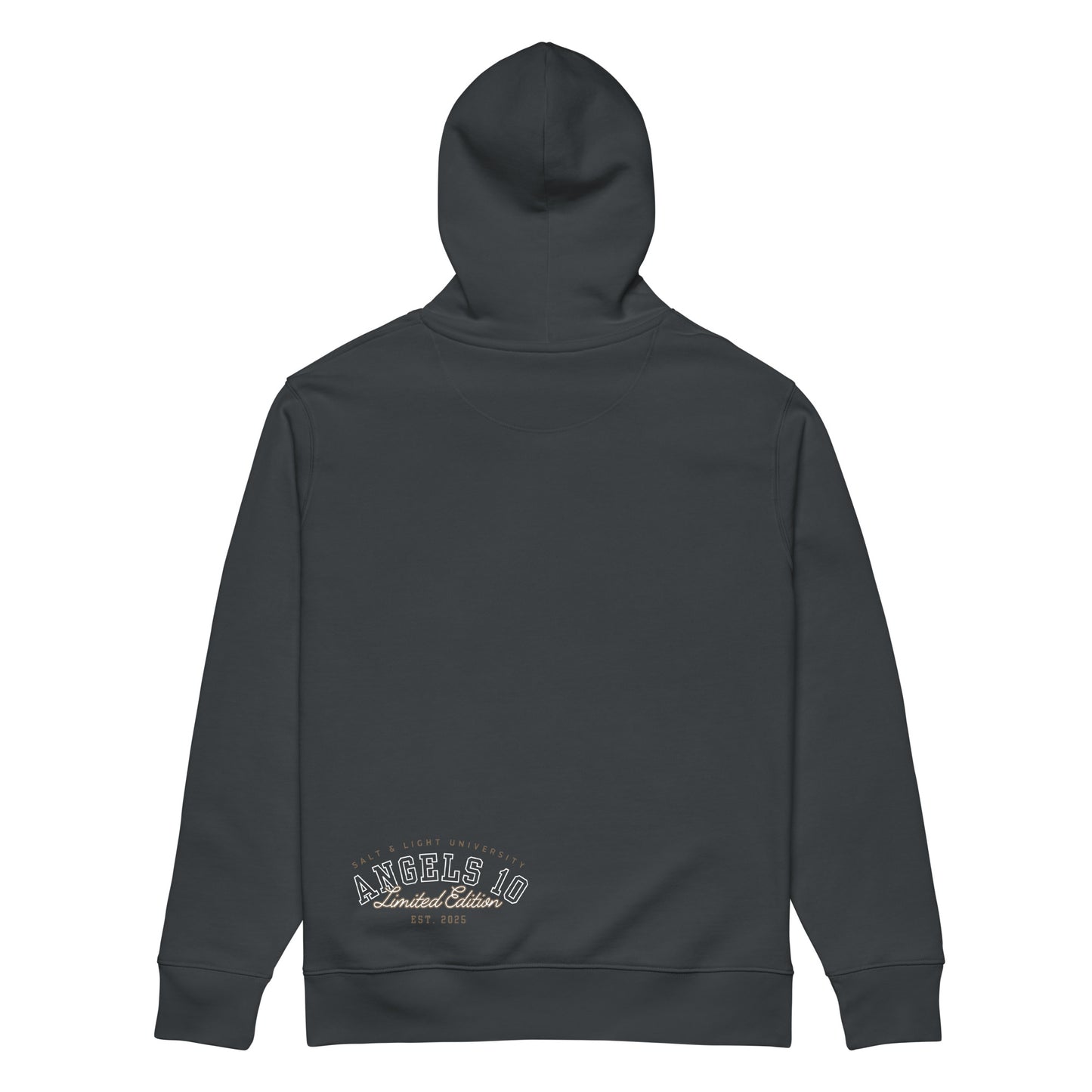 Back view of Christian Salt & Light Unisex Essential Organic Hoodie displaying 'Angels 10 Limited Edition' branding, designed for believers committed to discipleship and sharing the salt & light of the world during their college journey.