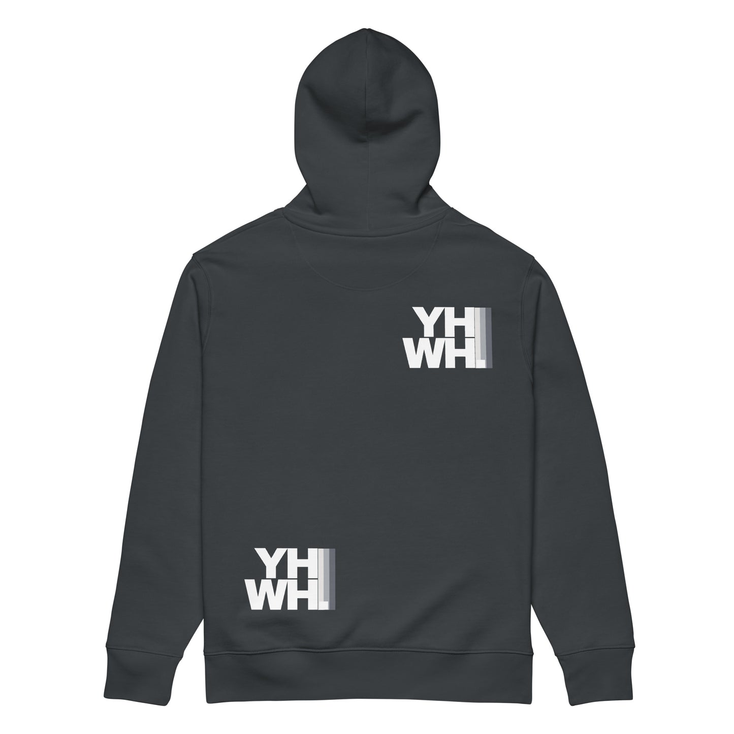 Back view of the YHWH Oversized Unisex Hoodie showcasing YHWH branding, emphasizing comfort and style. This sweatshirt, crafted by a veteran-owned small business, combines faith with fashion, making it a unique clothing choice for those who value both.