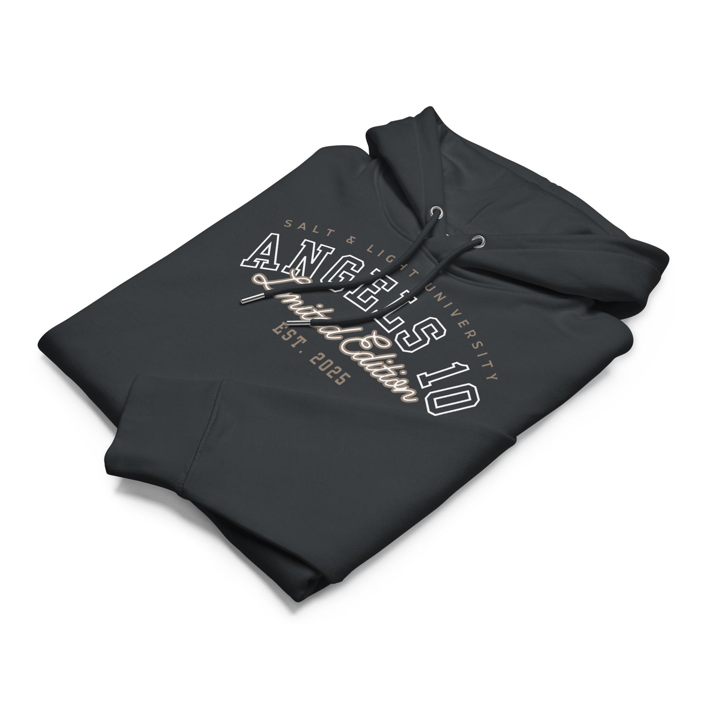 Folded Christian Salt & Light Unisex Essential Organic Hoodie showcasing 'Angels 10 Limited Edition' text, ideal for those embracing their faith and inspiring others in college and beyond as a salt & light of the world.