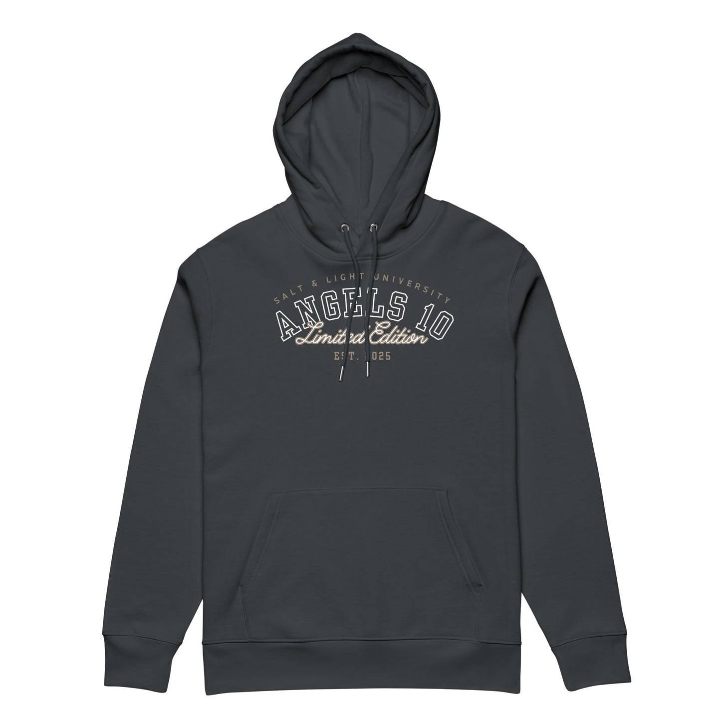 Christian Salt & Light Unisex Essential Organic Hoodie featuring 'Angels 10 Limited Edition' design, perfect for expressing faith and discipleship while in college or out spreading the salt & light of the world.