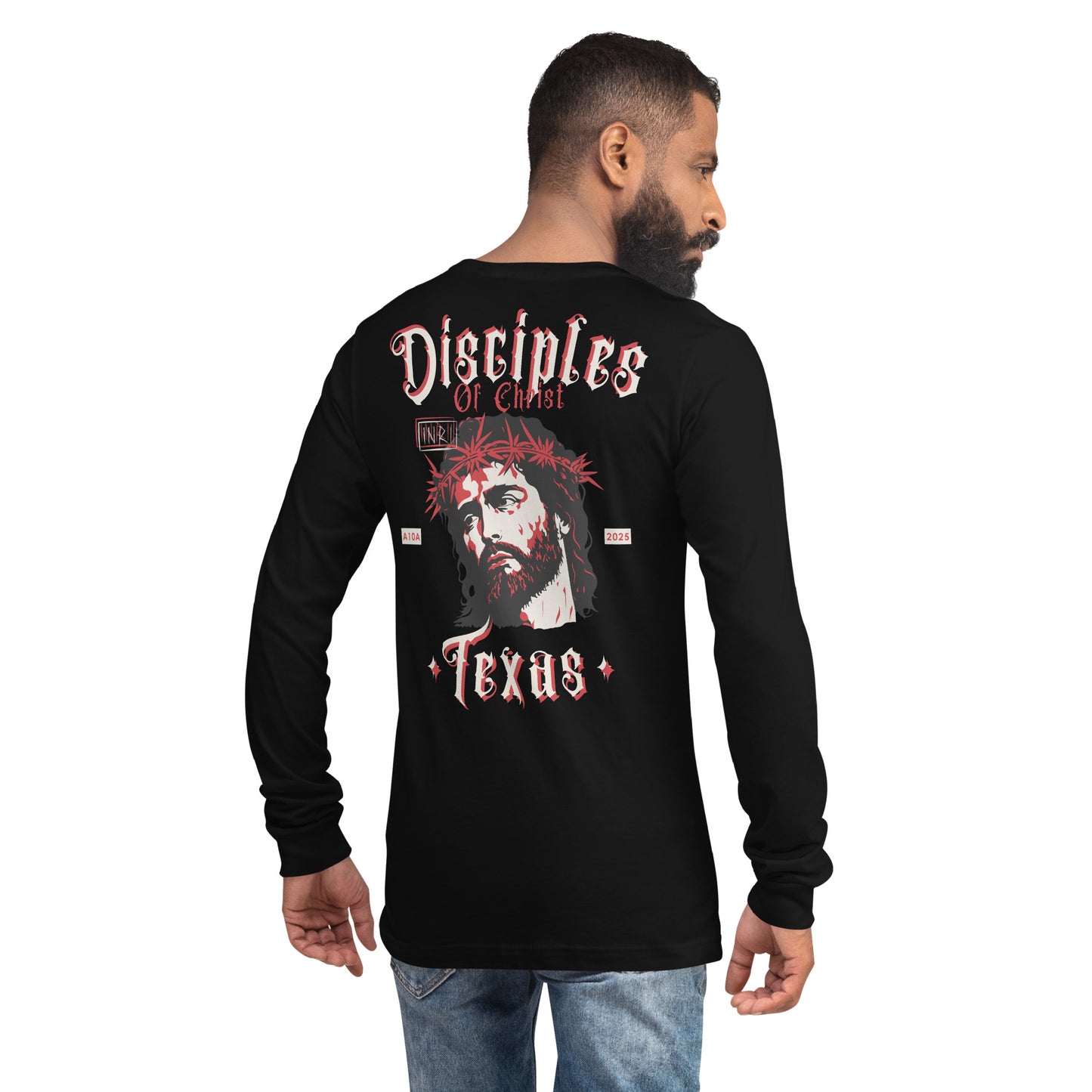 Back view of a black Disciples of Christ Christian Long Sleeve Tee by ANGELS 10 APPAREL LLC, displaying a dramatic image of Jesus, designed for Christian Apparel, Faith-Based Clothing, and Texas Bikers.