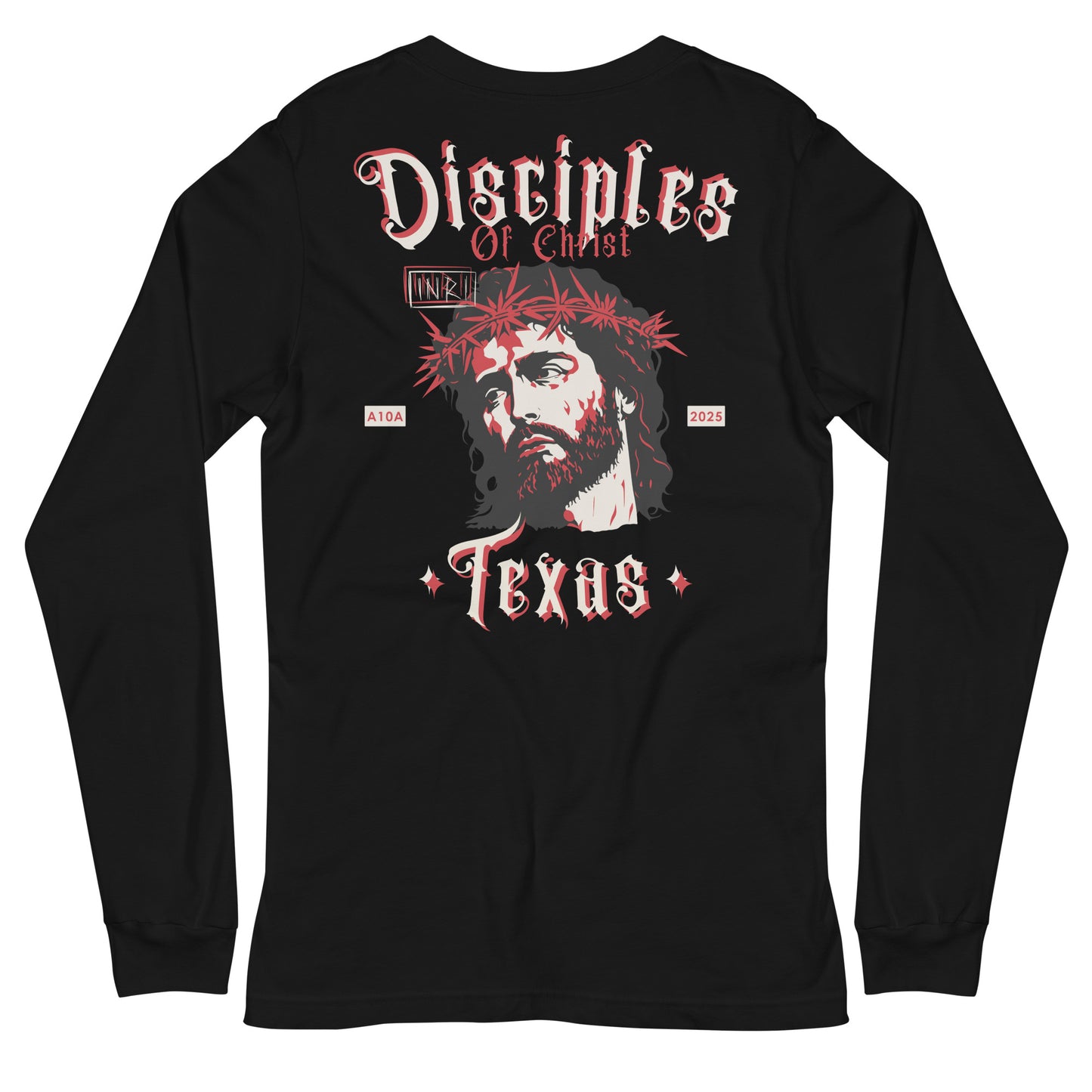 Back view of a black Disciples of Christ Christian Long Sleeve Tee by ANGELS 10 APPAREL LLC, showcasing an artistic representation of Jesus, ideal for Christian Apparel, Faith-Based Clothing, and Texas Bikers.
