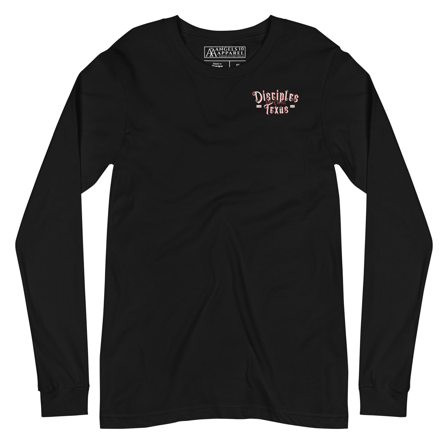 Front view of a black Disciples of Christ Christian Long Sleeve Tee created by ANGELS 10 APPAREL LLC, featuring a logo design, suitable for Christian Apparel, Faith-Based Clothing, and Texas Bikers.