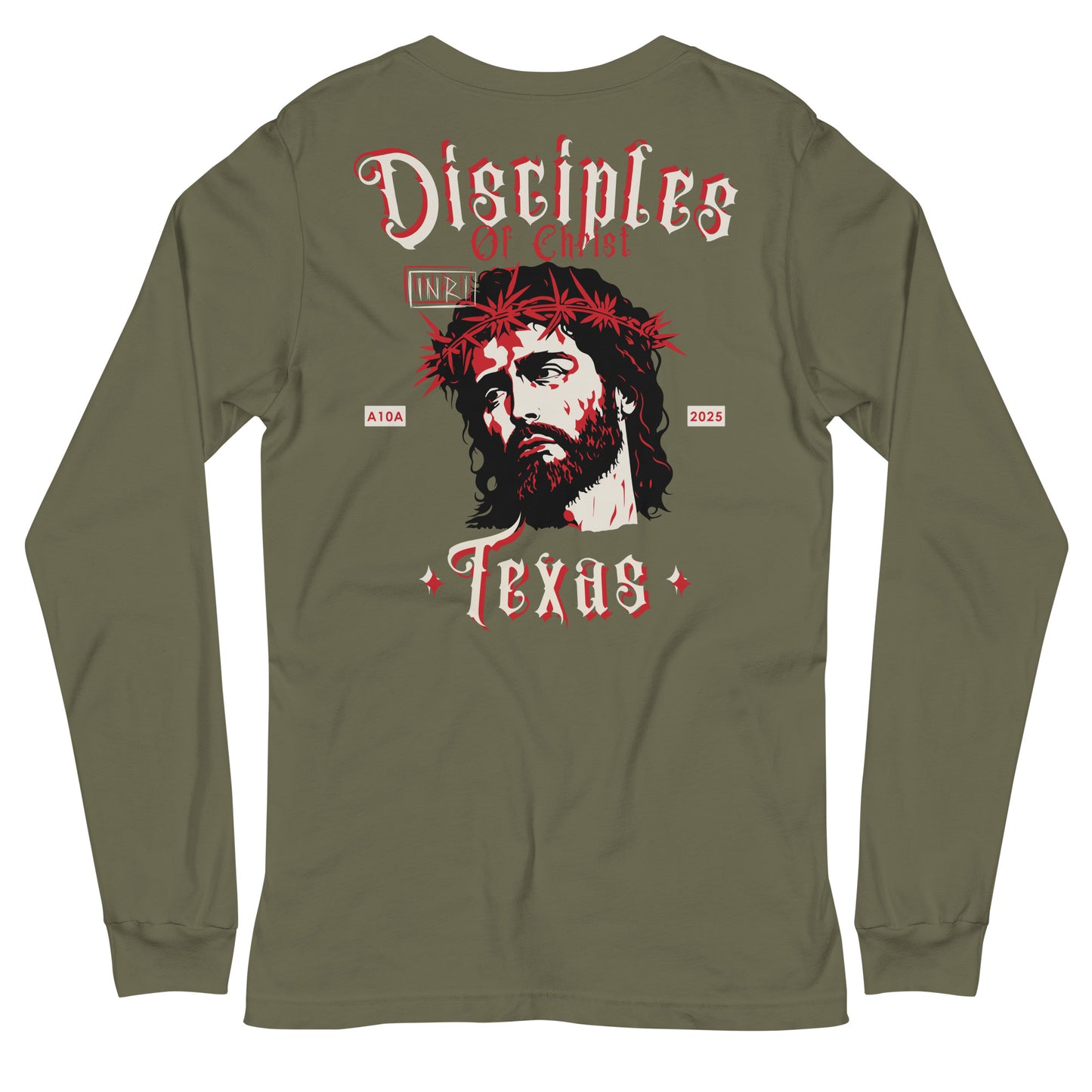 Back view of a Disciples of Christ Christian Long Sleeve Tee designed by ANGELS 10 APPAREL LLC, featuring an artistic depiction of Jesus with a crown of thorns, perfect for Christian Apparel, Faith-Based Clothing, and Texas Bikers.