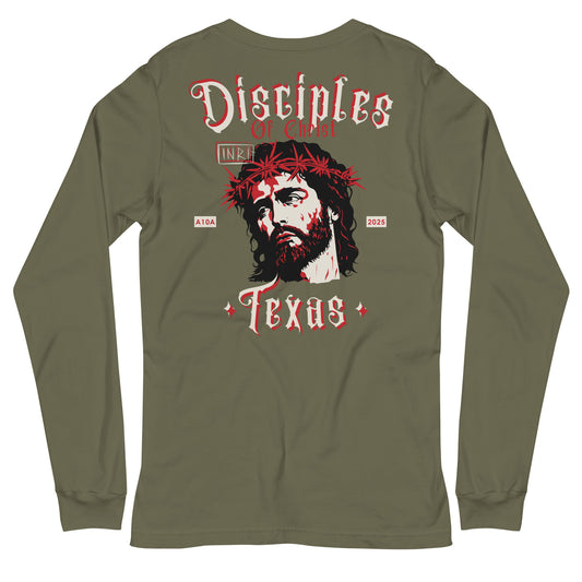 Back view of a Disciples of Christ Christian Long Sleeve Tee designed by ANGELS 10 APPAREL LLC, featuring an artistic depiction of Jesus with a crown of thorns, perfect for Christian Apparel, Faith-Based Clothing, and Texas Bikers.