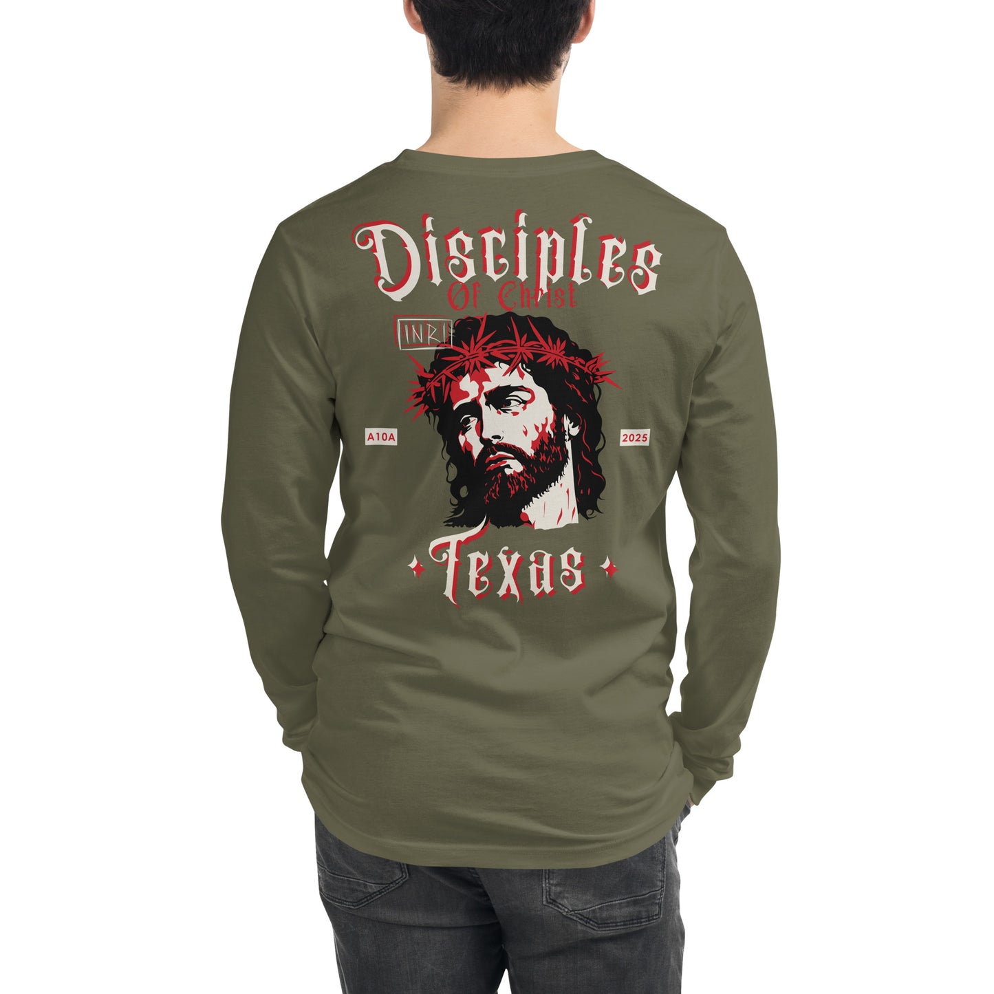 Man wearing a Disciples of Christ Christian Long Sleeve Tee by ANGELS 10 APPAREL LLC, showcasing a striking design of Jesus, ideal for Christian Apparel, Faith-Based Clothing, and Texas Bikers.