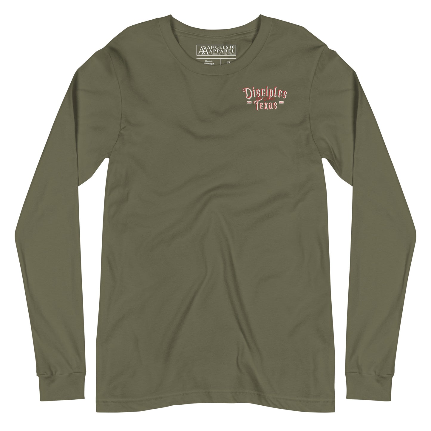 Front view of an olive Disciples of Christ Christian Long Sleeve Tee by ANGELS 10 APPAREL LLC, presenting a simple logo, great for Christian Apparel, Faith-Based Clothing, and Texas Bikers.