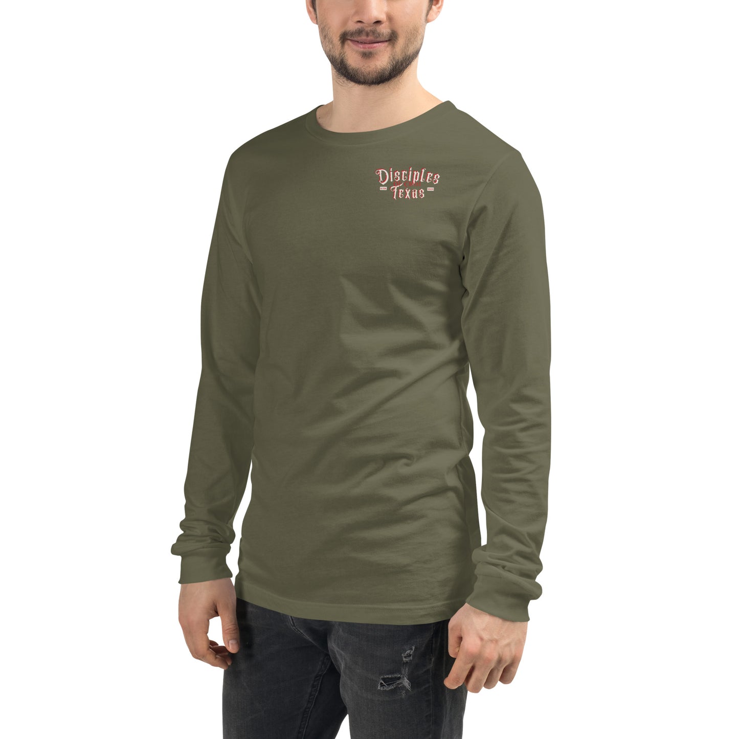 Front view of a Disciples of Christ Christian Long Sleeve Tee from ANGELS 10 APPAREL LLC, featuring a minimalist design with a logo, suitable for Christian Apparel, Faith-Based Clothing, and Texas Bikers.