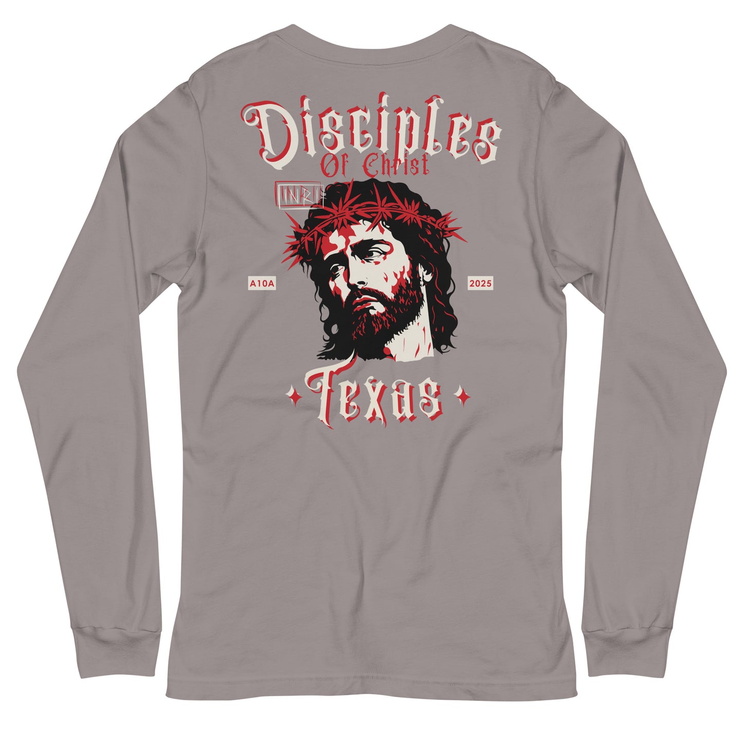 Back view of a gray Disciples of Christ Christian Long Sleeve Tee from ANGELS 10 APPAREL LLC, featuring a striking image of Jesus, suitable for Christian Apparel, Faith-Based Clothing, and Texas Bikers.