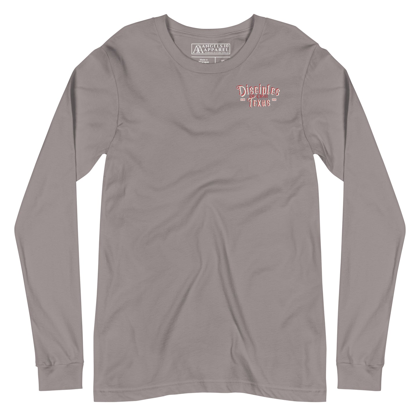 Front view of a gray Disciples of Christ Christian Long Sleeve Tee by ANGELS 10 APPAREL LLC, designed with a logo, perfect for Christian Apparel, Faith-Based Clothing, and Texas Bikers.