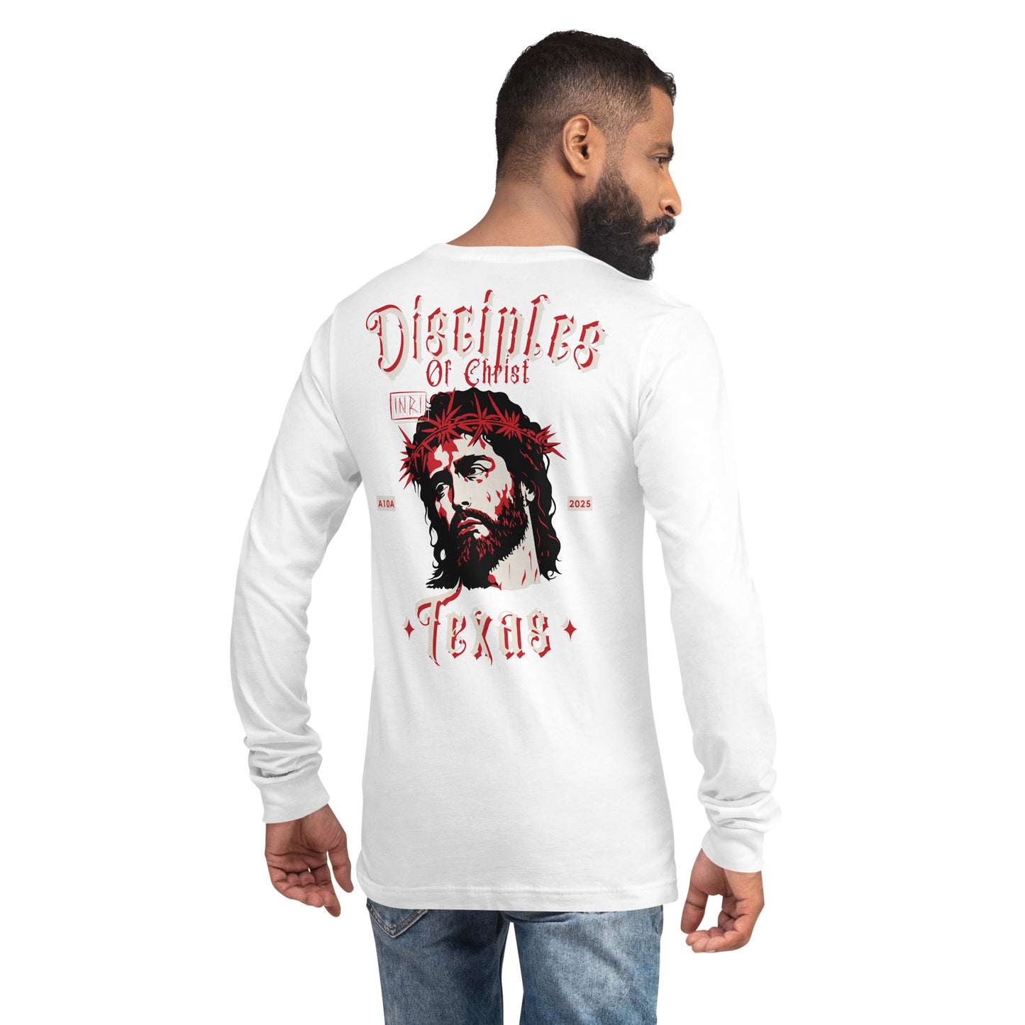 Back view of a white Disciples of Christ Christian Long Sleeve Tee by ANGELS 10 APPAREL LLC, featuring Jesus surrounded by a floral design, great for Christian Apparel, Faith-Based Clothing, and Texas Bikers.