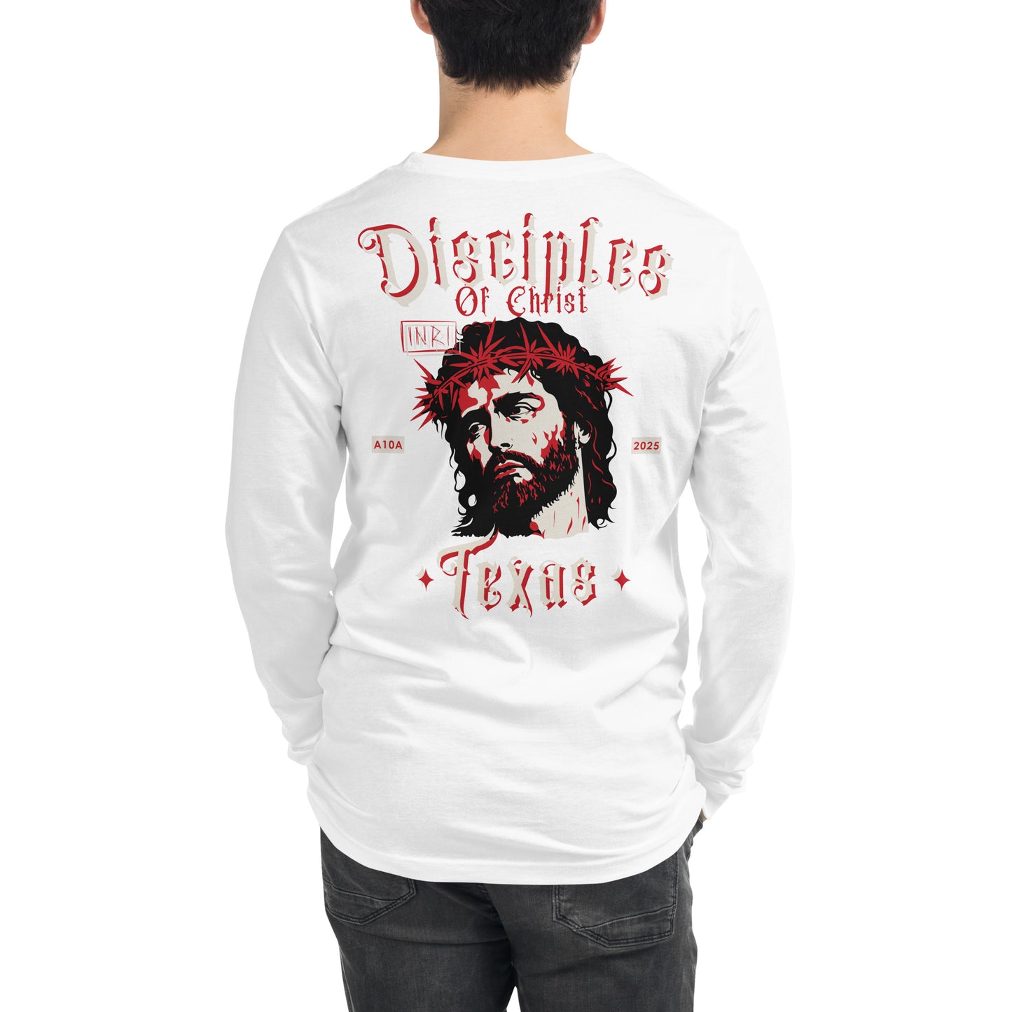 Man wearing a white Disciples of Christ Christian Long Sleeve Tee by ANGELS 10 APPAREL LLC, showing off a vibrant design of Jesus, perfect for Christian Apparel, Faith-Based Clothing, and Texas Bikers.