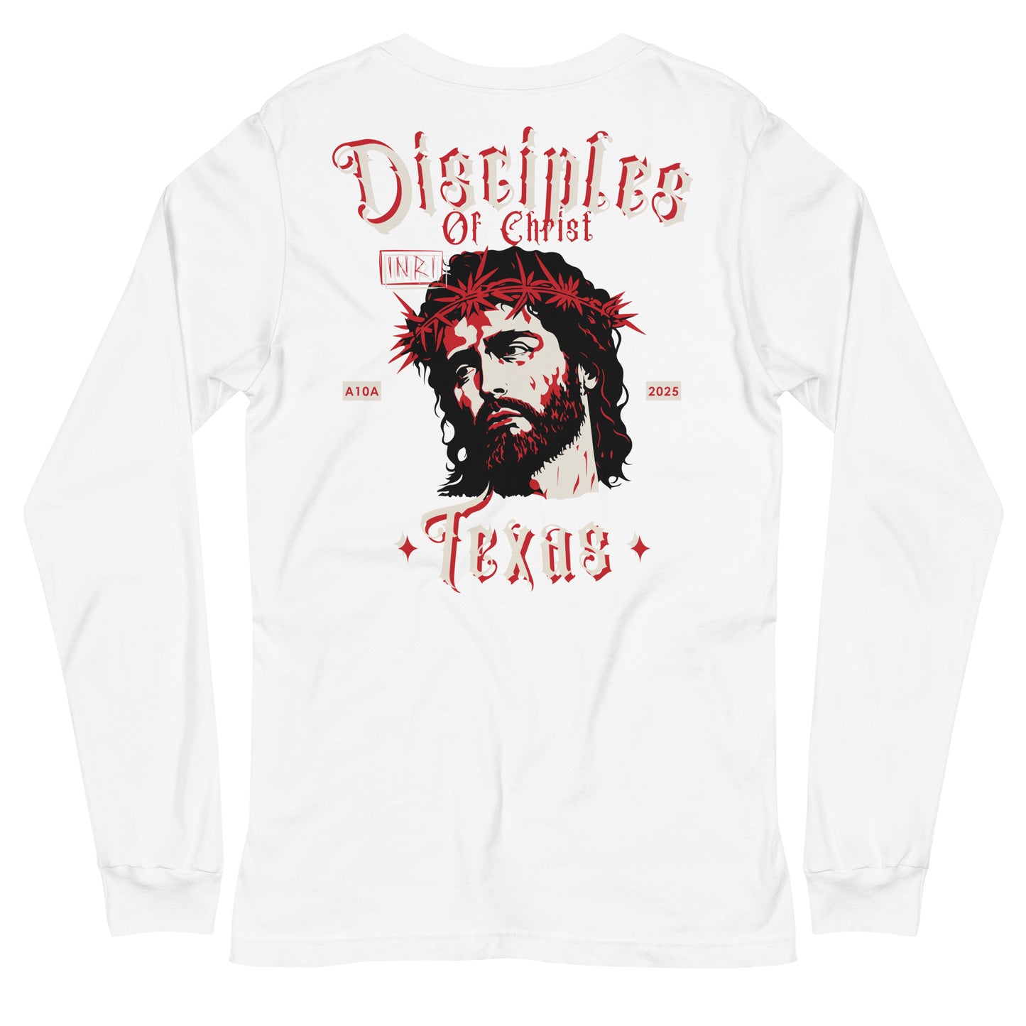 Back view of a white Disciples of Christ Christian Long Sleeve Tee designed by ANGELS 10 APPAREL LLC, featuring an artistic representation of Jesus, designed for Christian Apparel, Faith-Based Clothing, and Texas Bikers.