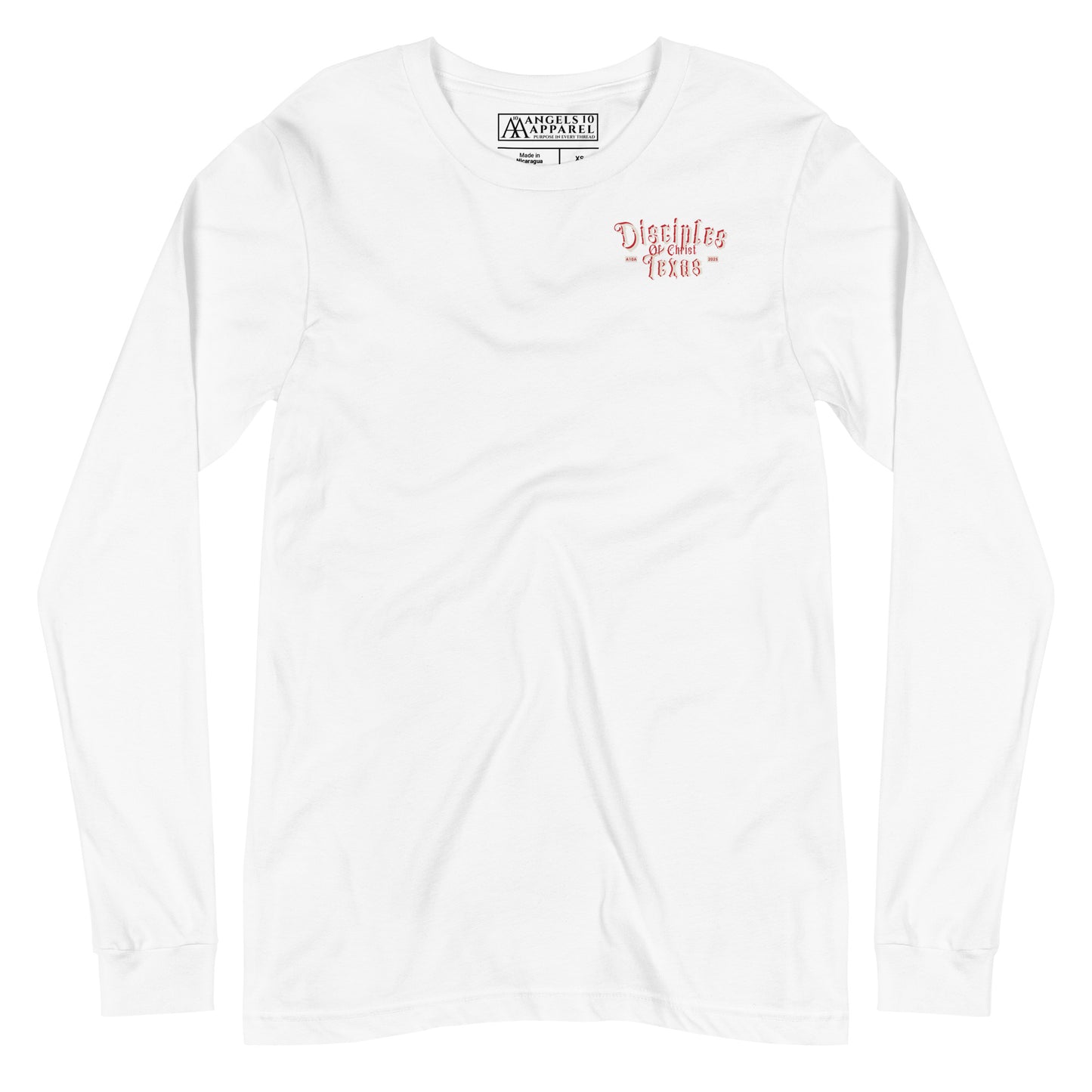 Front view of a white Disciples of Christ Christian Long Sleeve Tee by ANGELS 10 APPAREL LLC, displaying a logo design, ideal for Christian Apparel, Faith-Based Clothing, and Texas Bikers.
