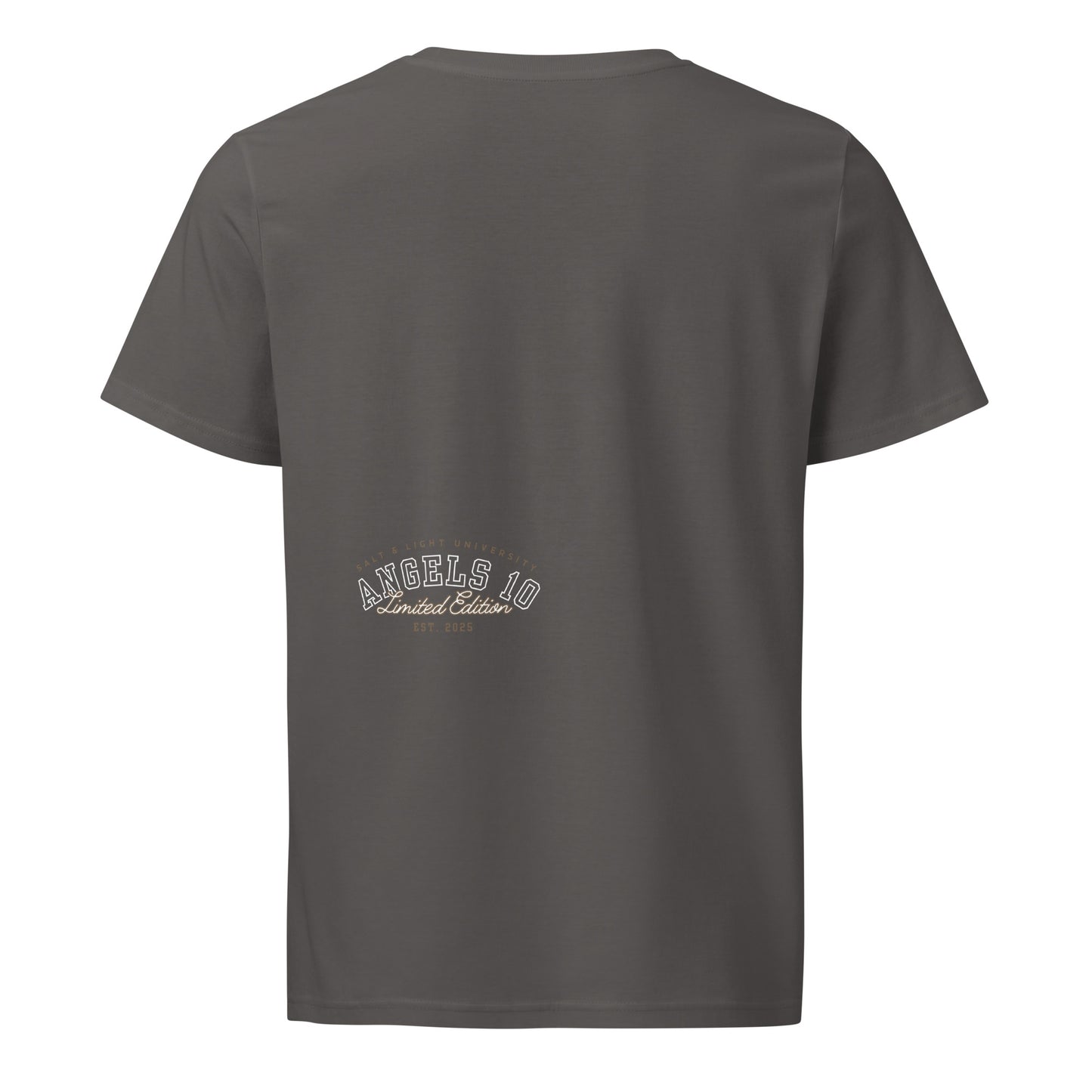 Back view of the Salt & Light Unisex Organic Cotton Mid-Light T-Shirt showcasing its limited edition branding, designed for believers to wear their faith proudly in a casual college setting, embodying the spirit of discipleship.