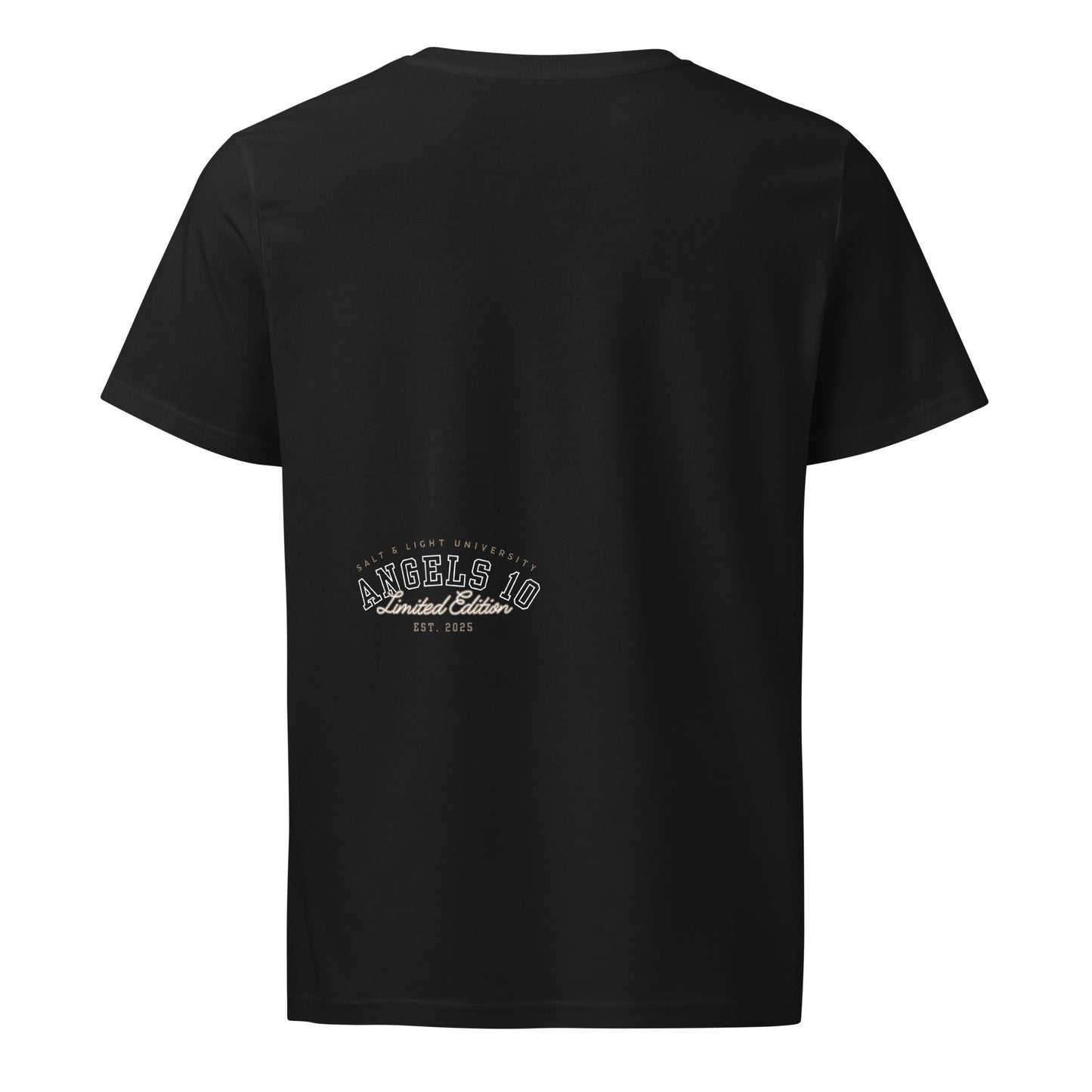 Back of the Salt & Light Unisex Organic Cotton Mid-Light T-Shirt in black showing the Angels 10 Limited Edition logo. Embrace your faith and discipleship as you make a stylish statement on or off campus.