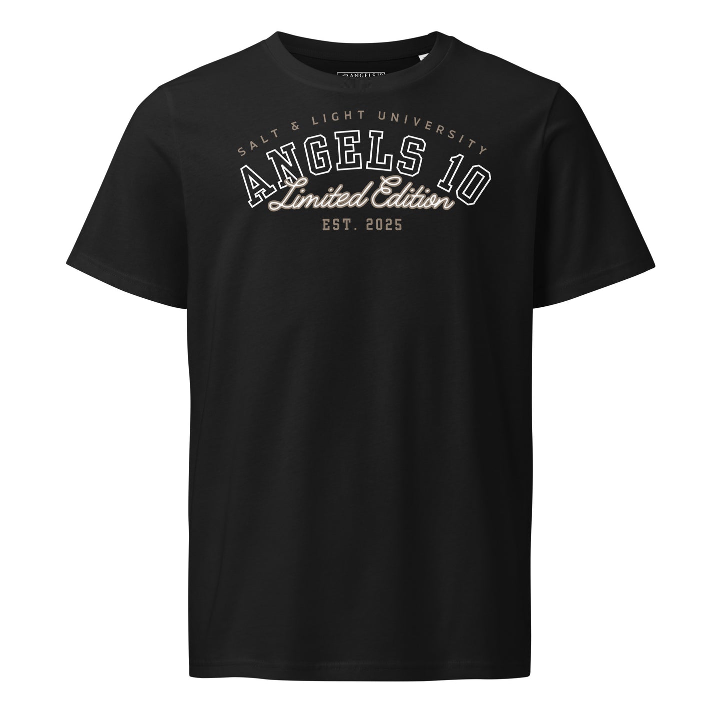 Salt & Light Unisex Organic Cotton Mid-Light T-Shirt in black color with the Angels 10 Limited Edition design, an excellent piece for those wanting to share their Christian beliefs and embody the salt & light of the world.