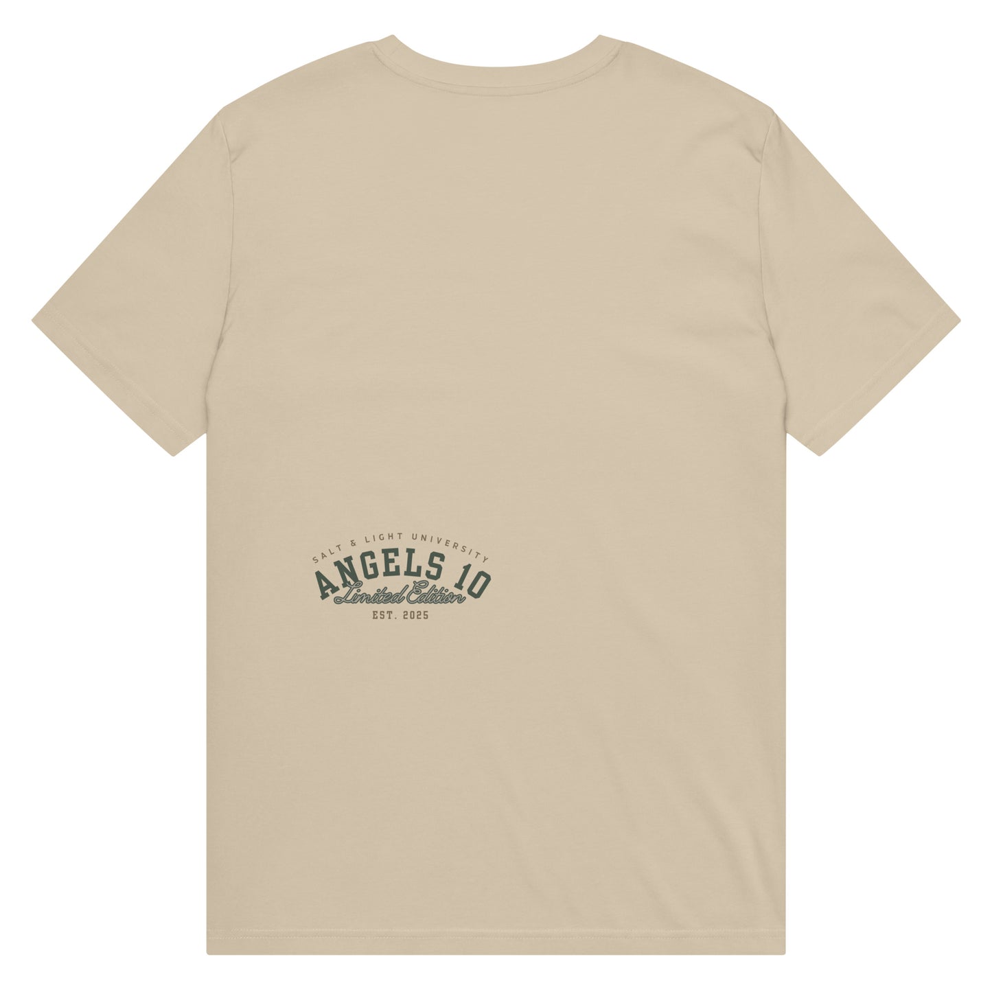 Back view of a Premium Quality Organic Cotton T-Shirt for Christian Discipleship in beige, showcasing 'ANGELS 10 Limited Edition' design, ideal for sharing faith and discipleship for college students, shining as the salt & light of the world.
