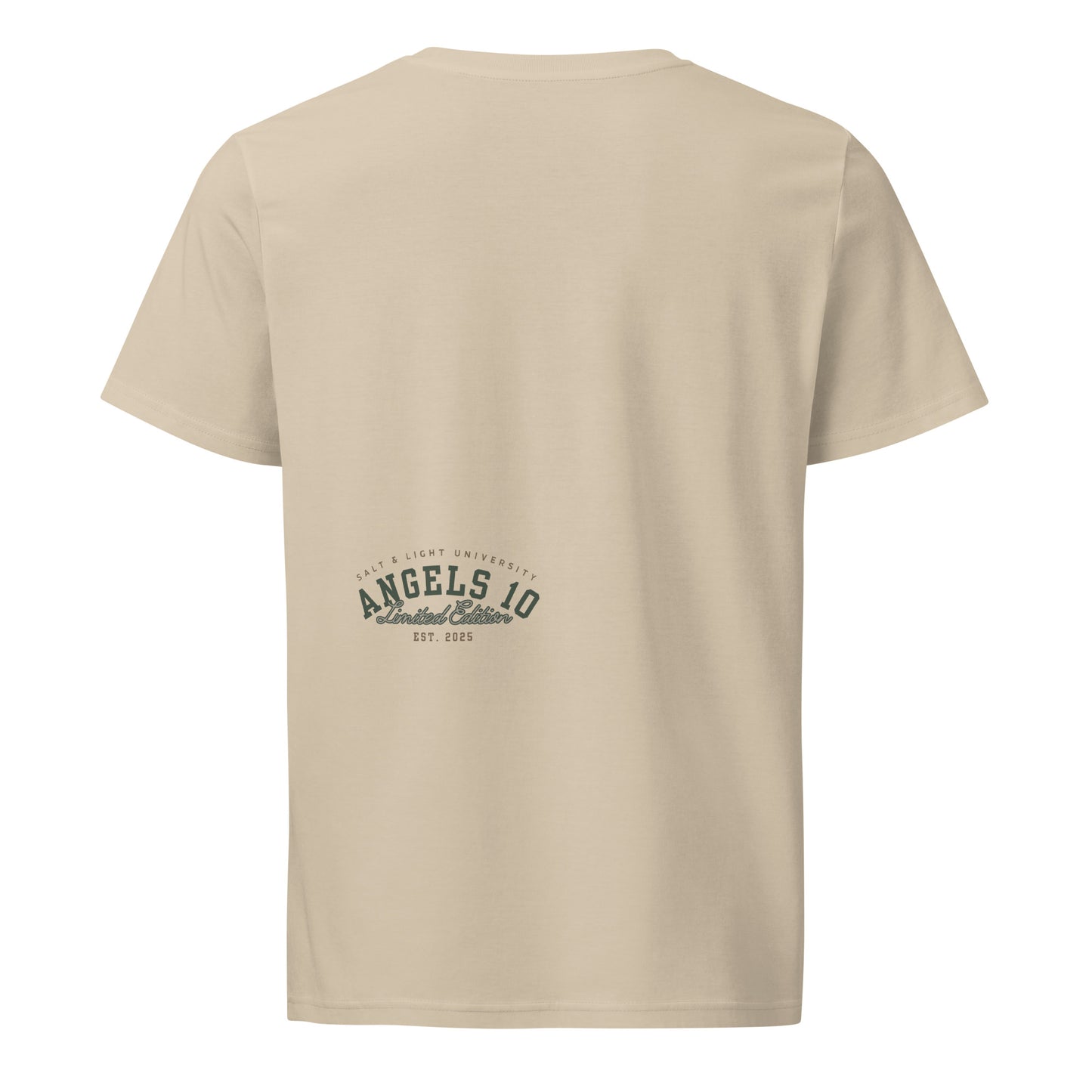 Back view of the Premium Quality Organic Cotton T-Shirt for Christian Discipleship showcasing the 'ANGELS 10 Limited Edition' logo. Ideal for college students wanting to share their faith and the message of being the salt & light of the world.