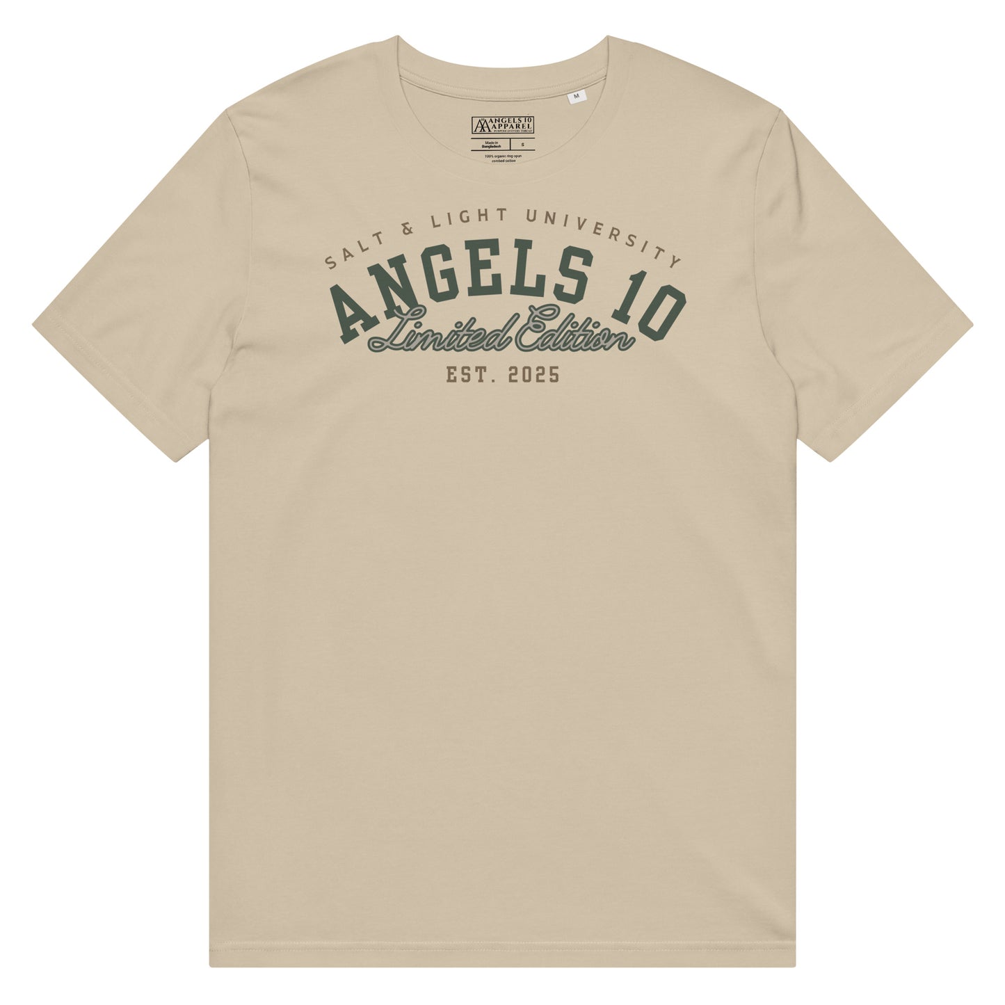 Premium Quality Organic Cotton T-Shirt for Christian Discipleship displaying 'Salt & Light University' in beige, perfect for college attendees wishing to radiate their faith as the salt & light of the world.