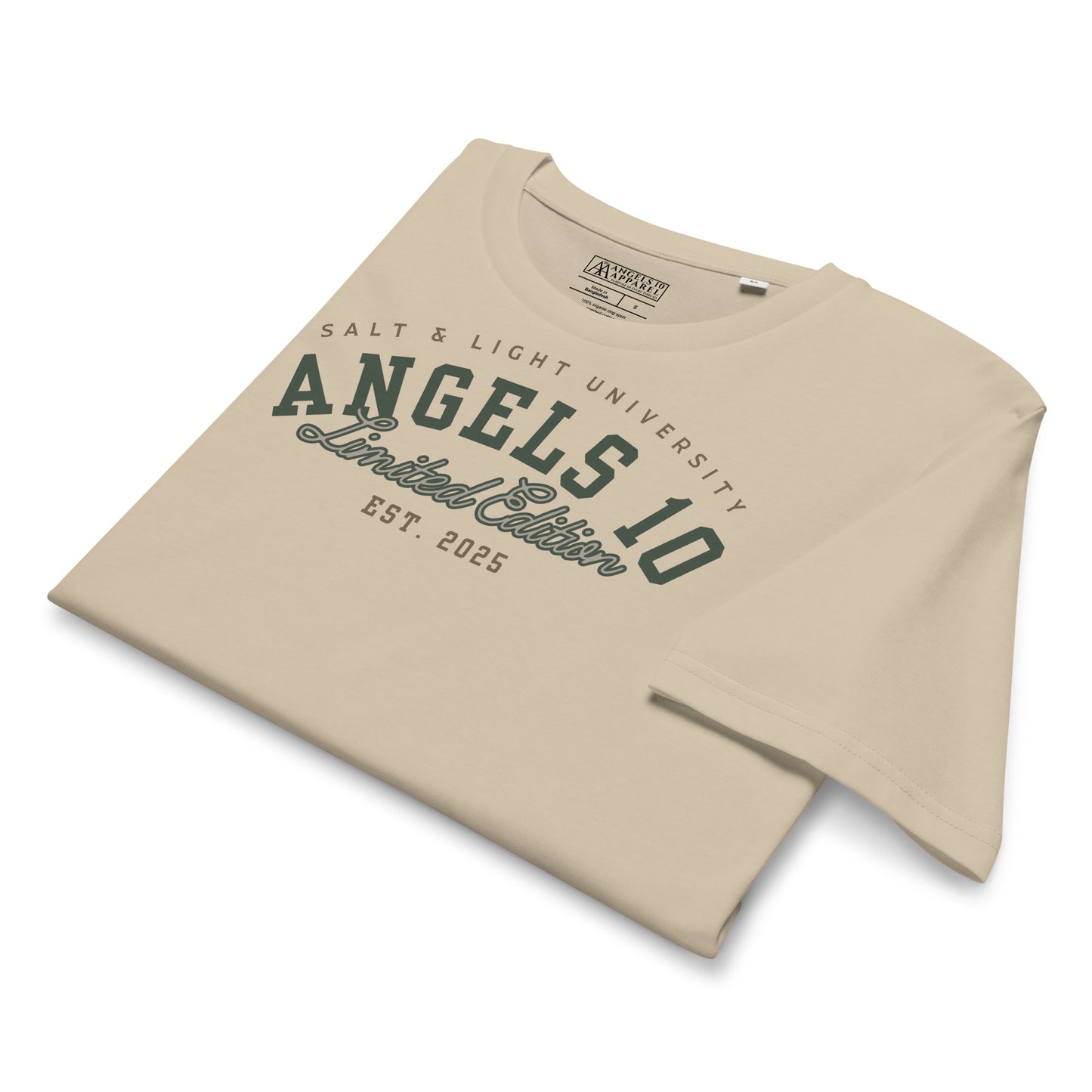 Folded Premium Quality Organic Cotton T-Shirt for Christian Discipleship in beige, displaying 'ANGELS 10 Limited Edition' graphics, perfect for college students who want to wear their faith and discipleship, representing the salt & light of the world.