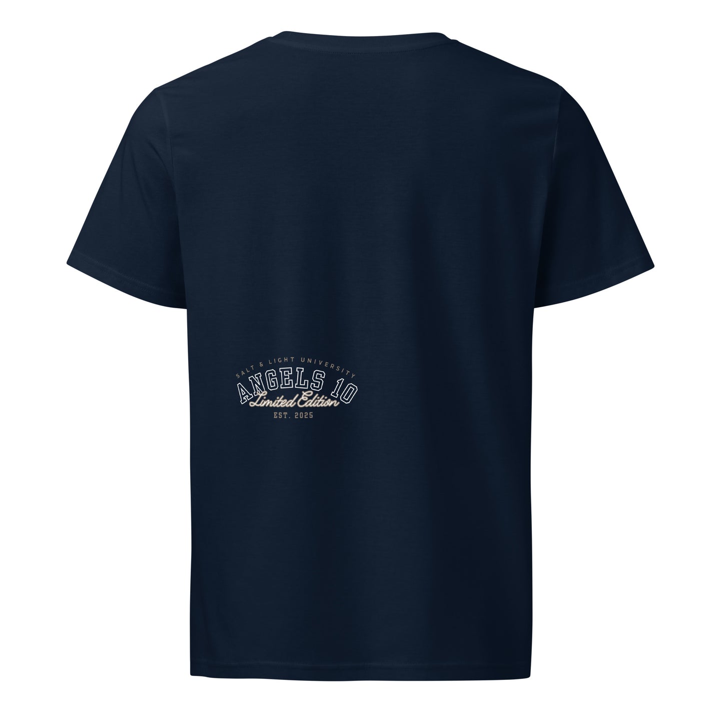 Back view of the Salt & Light Unisex Organic Cotton Mid-Light T-Shirt in navy, showcasing the Angels 10 Limited Edition emblem. A stylish choice for college students embracing their faith and commitment to discipleship.