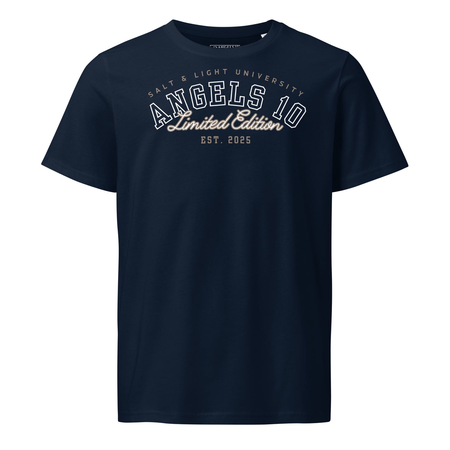 Salt & Light Unisex Organic Cotton Mid-Light T-Shirt in navy color featuring the Angels 10 Limited Edition logo, perfect for expressing faith and discipleship on campus and beyond. Ideal for those who live as the salt & light of the world.