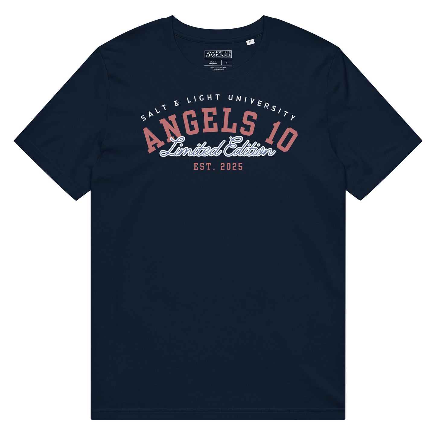 Salt & Light Unisex 100% Organic Cotton Mid-Light T-Shirt showcasing the front design, perfect for college students engaged in discipleship, promoting faith, and embracing the message of being the salt & light of the world.