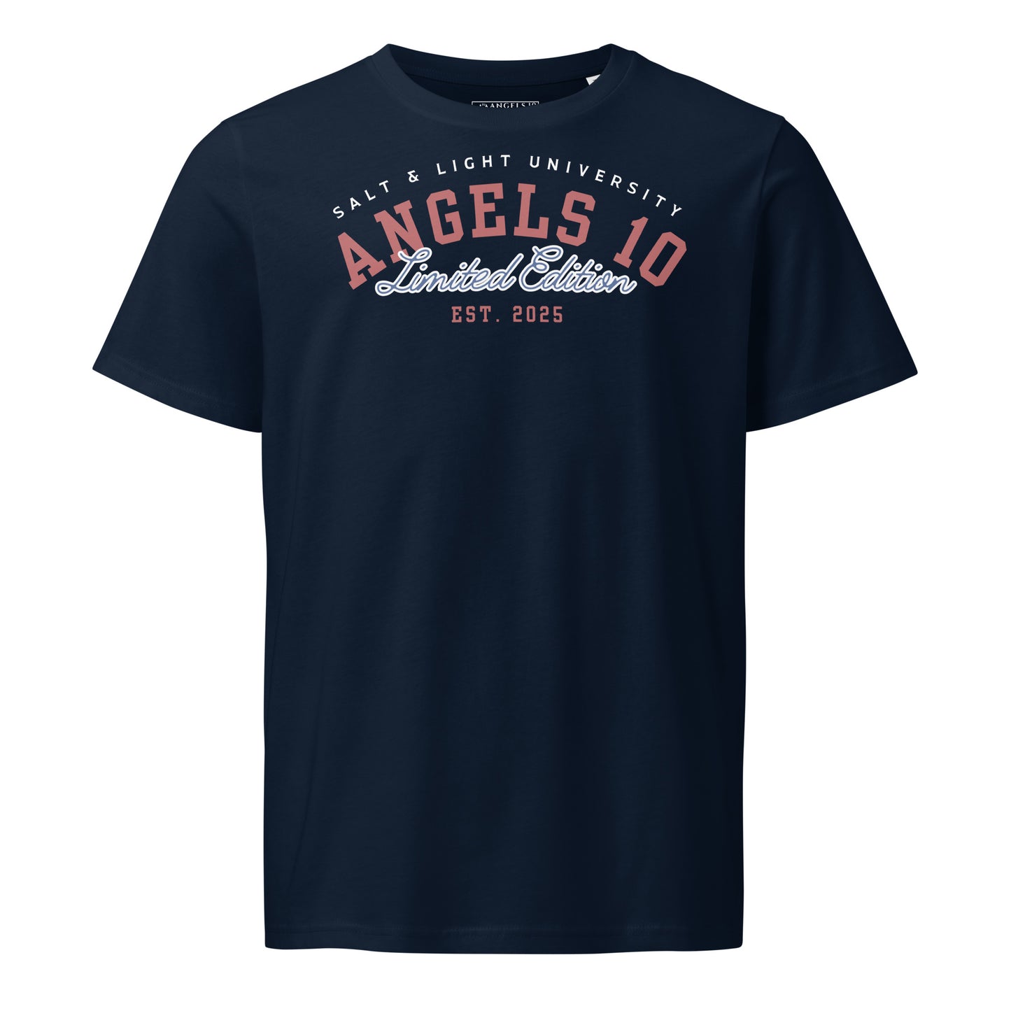 The Salt & Light Unisex 100% Organic Cotton Mid-Light T-Shirt displayed in a flattering fit, designed for individuals passionate about discipleship and sharing their faith as the salt & light of the world in a college setting.