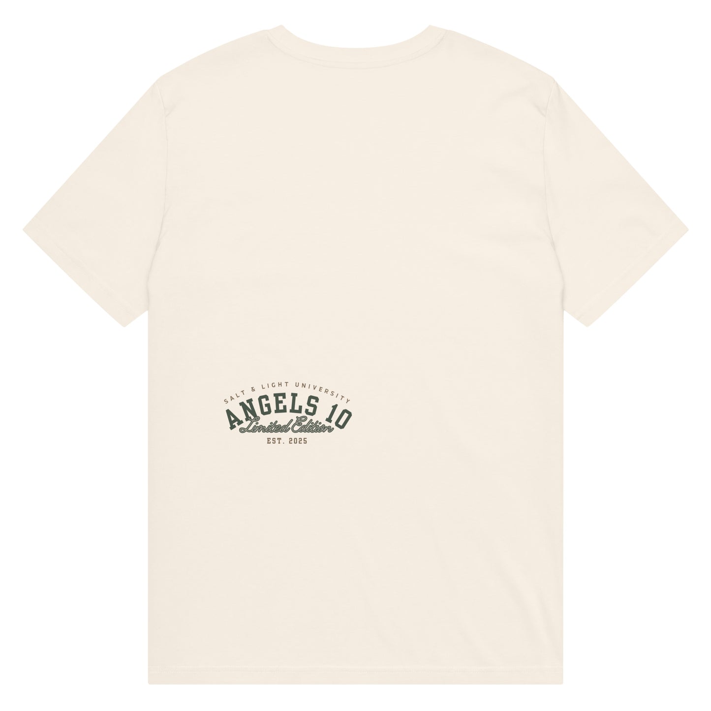 Back view of the Premium Quality Organic Cotton T-Shirt for Christian Discipleship highlighting the 'ANGELS 10 Limited Edition' logo. A trendy apparel choice for college students to showcase their faith and discipleship.