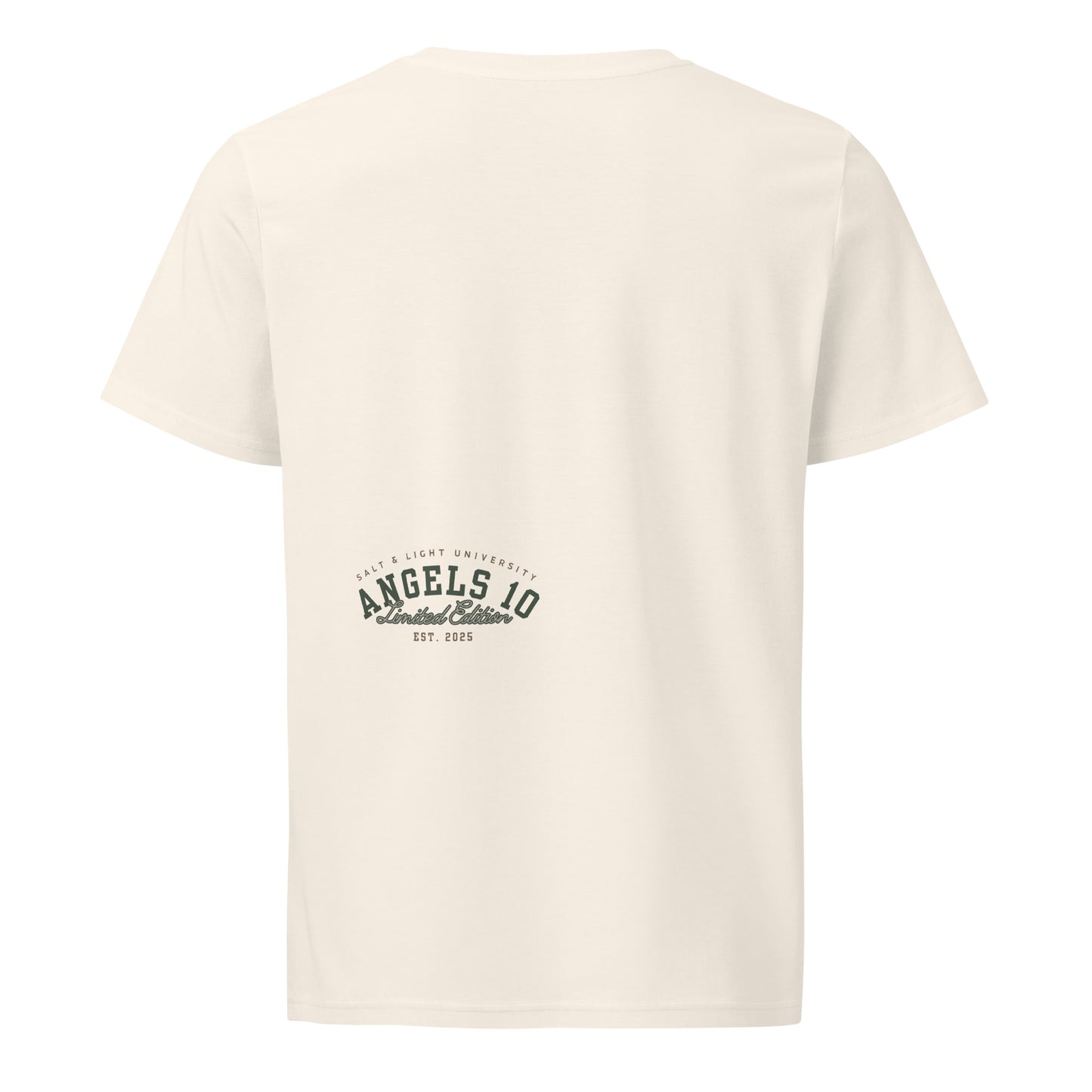 Back view of the Premium Quality Organic Cotton T-Shirt for Christian Discipleship with 'ANGELS 10 Limited Edition' graphic. A stylish choice for college students to convey their faith and discipleship.