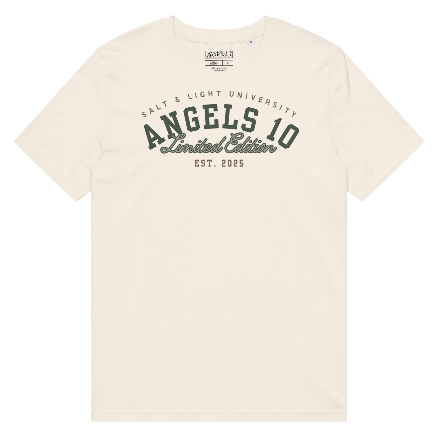 Premium Quality Organic Cotton T-Shirt for Christian Discipleship featuring 'Salt & Light University' in cream, ideal for college students eager to share their faith and embody the salt & light of the world.