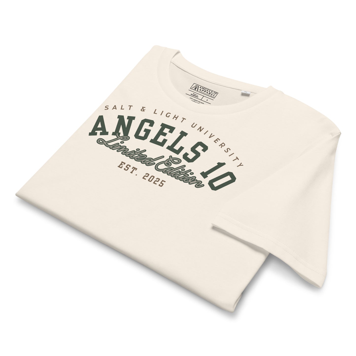 Folded Premium Quality Organic Cotton T-Shirt for Christian Discipleship in white, featuring 'ANGELS 10 Limited Edition' print, a stylish choice for college students to express their faith and discipleship, embodying the salt & light of the world.