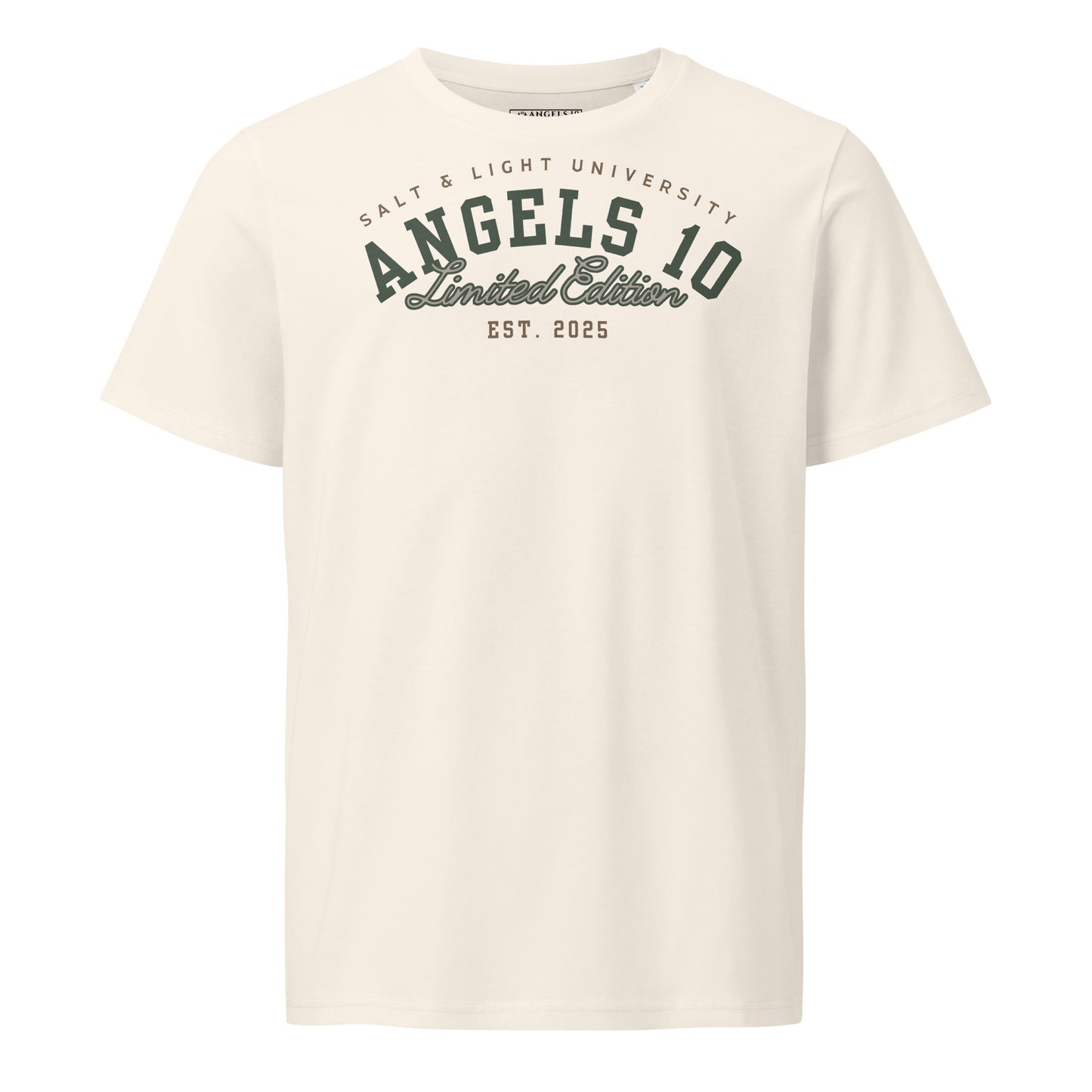 Premium Quality Organic Cotton T-Shirt for Christian Discipleship showcasing 'Salt & Light University' graphic in white, ideal for college students expressing their faith as they spread the salt & light of the world.