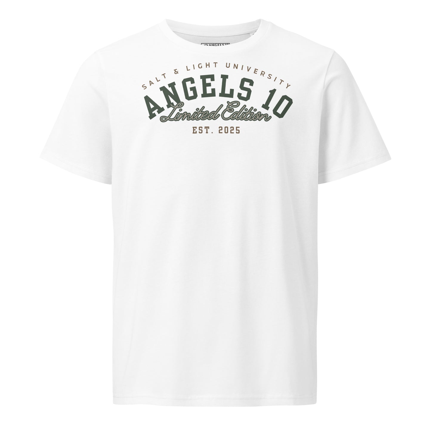 Premium Quality Organic Cotton T-Shirt for Christian Discipleship with 'Salt & Light University' text in classic white, designed for college students to represent their faith and be the salt & light of the world.