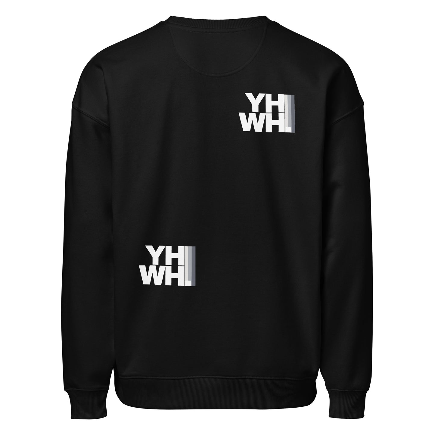 Back view of the YHWH Collection Unisex Oversized Crewneck Sweatshirt in black, highlighting its comfortable oversized fit and faith-inspired design. Support this veteran-owned small business with your style choice.