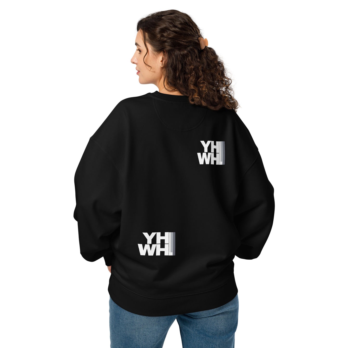 Back view of the YHWH Collection Unisex Oversized Crewneck Sweatshirt, featuring minimalist graphics. This black sweatshirt is perfect for layering, blending style and comfort while expressing your beliefs. Support a veteran-owned, small business with this meaningful piece.