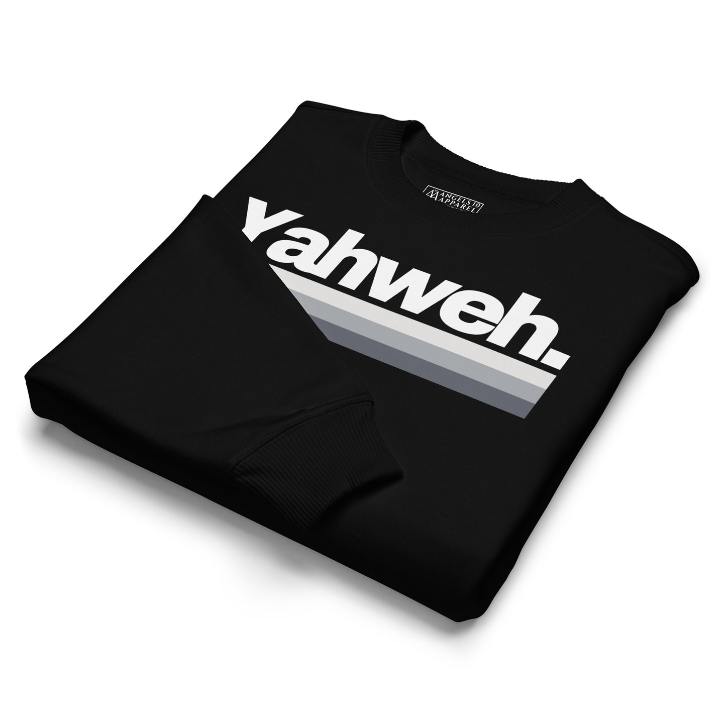 Folded black YHWH Collection Unisex Oversized Crewneck Sweatshirt featuring the word 'Yahweh.' This stylish piece combines christian beliefs with contemporary fashion. Support a veteran-owned small business.