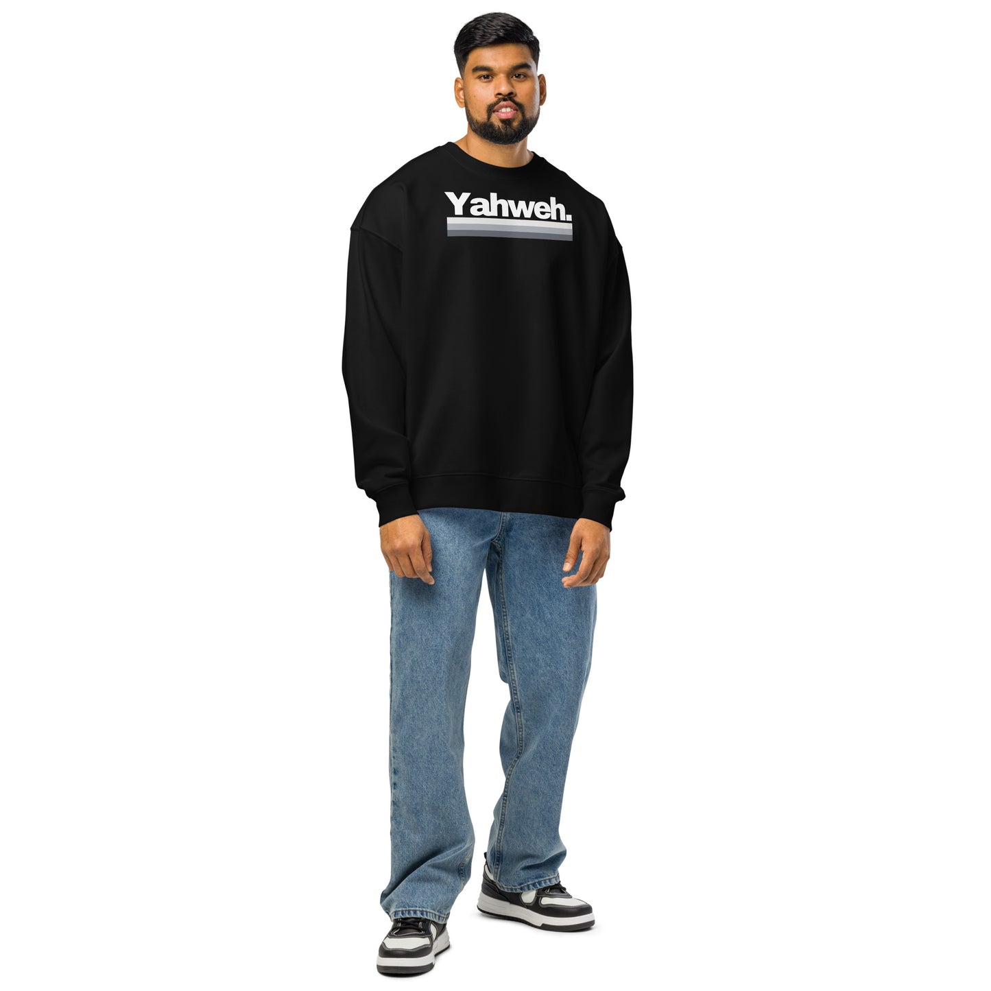 Model wearing the YHWH Collection Unisex Oversized Crewneck Sweatshirt in black, showcasing a relaxed fit and stylish design. Ideal for casual wear, this sweatshirt reflects a modern approach to faith. Shop small and support a veteran-owned business with this standout apparel.