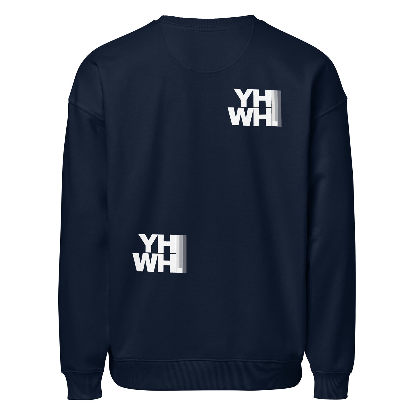 Back view of the YHWH Collection Unisex Oversized Crewneck Sweatshirt in navy, emphasizing its casual oversized design that reflects deep christian beliefs. A stylish choice from a veteran-owned small business.
