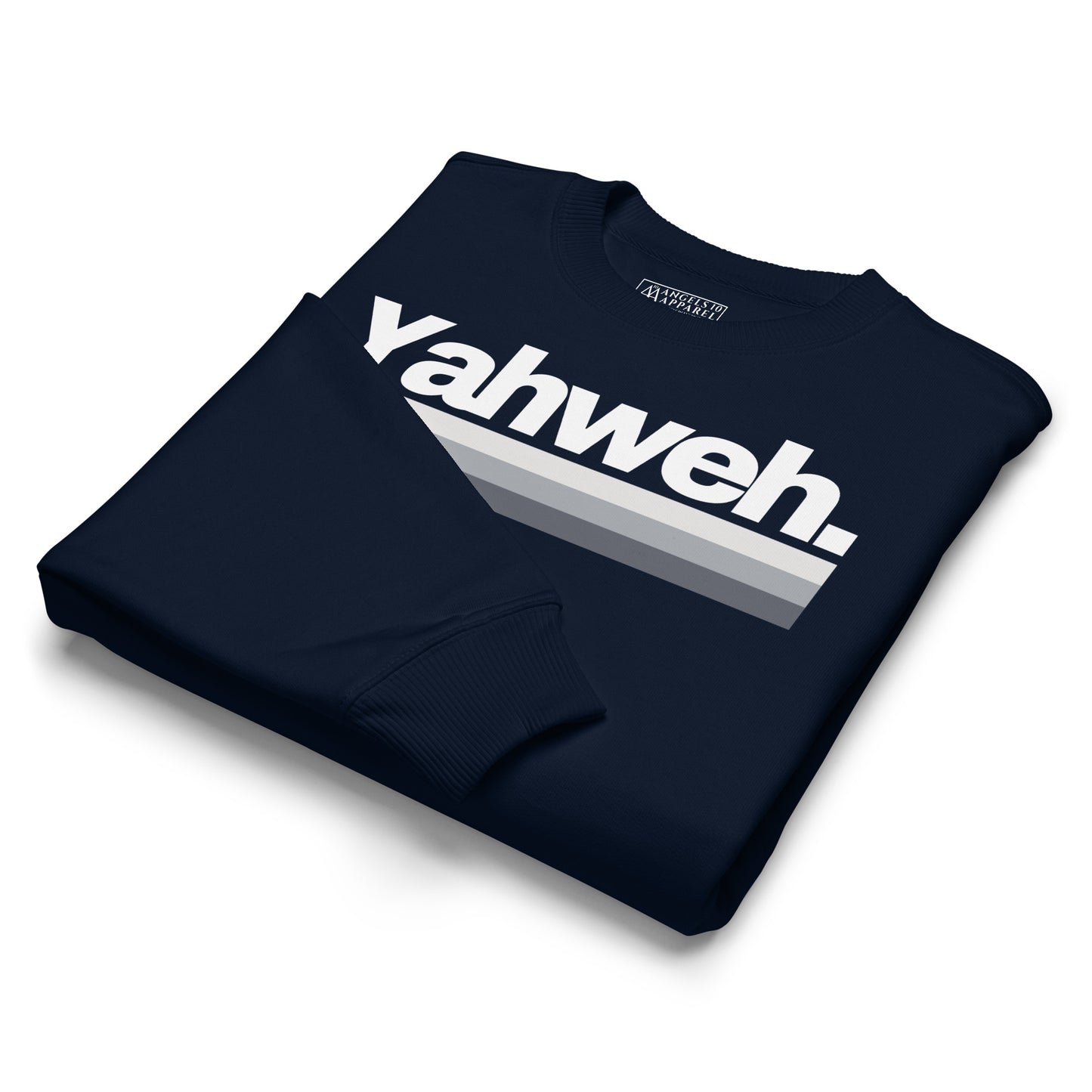 Folded navy YHWH Collection Unisex Oversized Crewneck Sweatshirt highlighting 'Yahweh.' A great option for casual style that reflects your faith. Support a small, veteran-owned business!