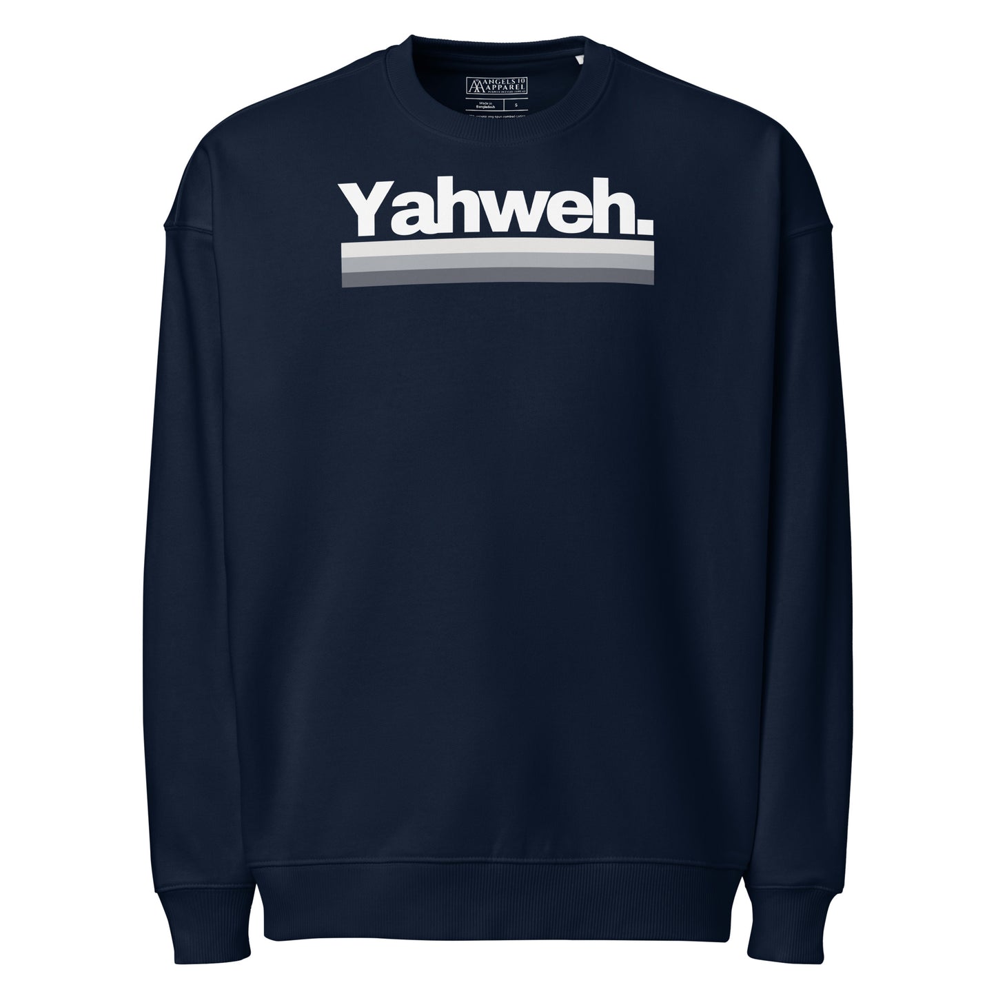 Front view of the YHWH Collection Unisex Oversized Crewneck Sweatshirt in navy, featuring the trendy 'Yahweh.' For those who value style and faith, supporting a veteran-owned small business.