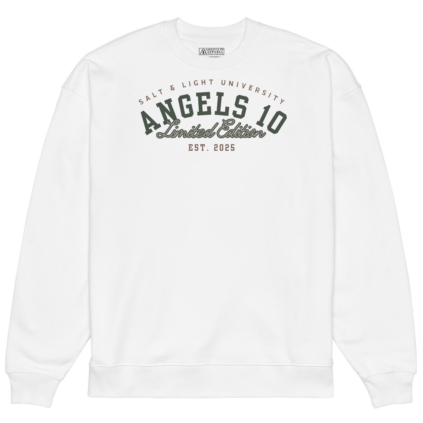 Unisex Organic Oversized Sweatshirt - Salt & Light Christian Faith Apparel - Premium Quality featuring a stylish white design with 'ANGELS 10' and 'Limited Edition' text, perfect for college students embracing their faith and showcasing discipleship as they embody the salt & light of the world.