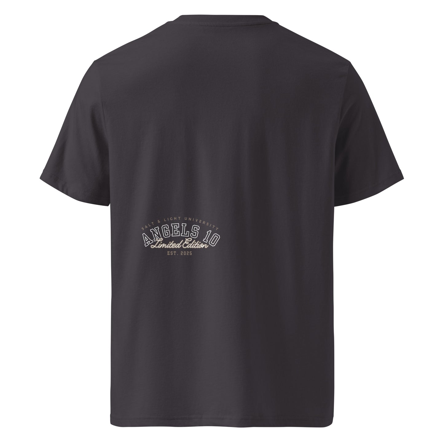 Back view of a dark variant of the Salt & Light Unisex Organic Ribbed Neck T-Shirt highlighting 'ANGELS 10 Limited Edition EST. 2025', promoting a message of faith and discipleship. A great addition for college students aspiring to be the salt & light of the world.