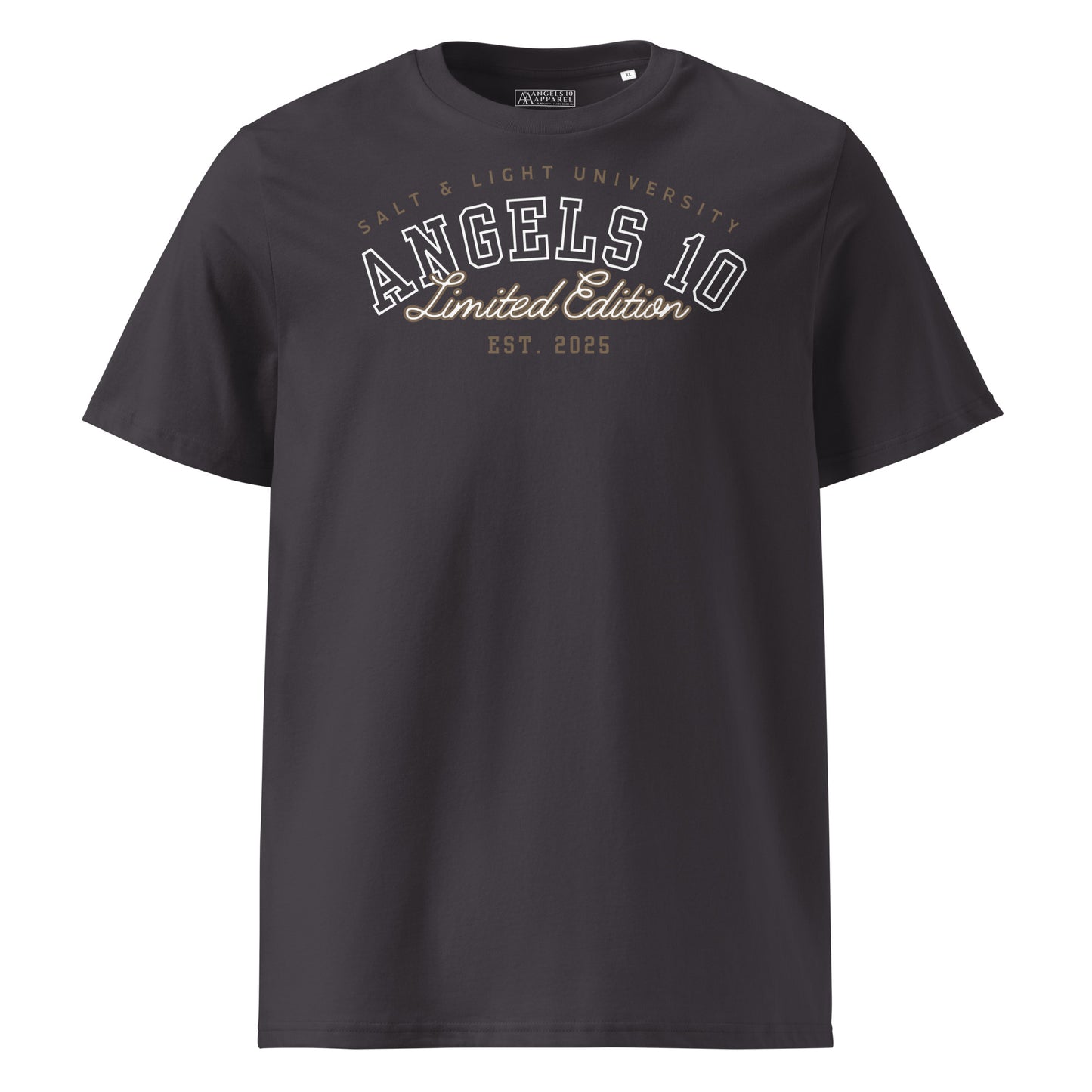 Front view of a dark version of the Salt & Light Unisex Organic Ribbed Neck T-Shirt with 'ANGELS 10 Limited Edition EST. 2025' boldly displayed, designed for individuals focused on Christian faith and their mission in discipleship. Perfect for college attire as the salt & light of the world.