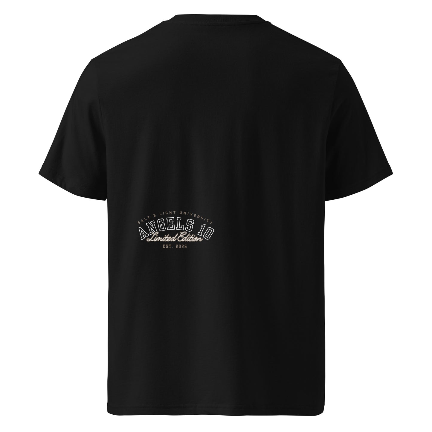 Back view of the Salt & Light Unisex Organic Ribbed Neck T-Shirt in black, emphasizing its comfortable fit and faith-inspired design, ideal for college students passionate about their mission as disciples.