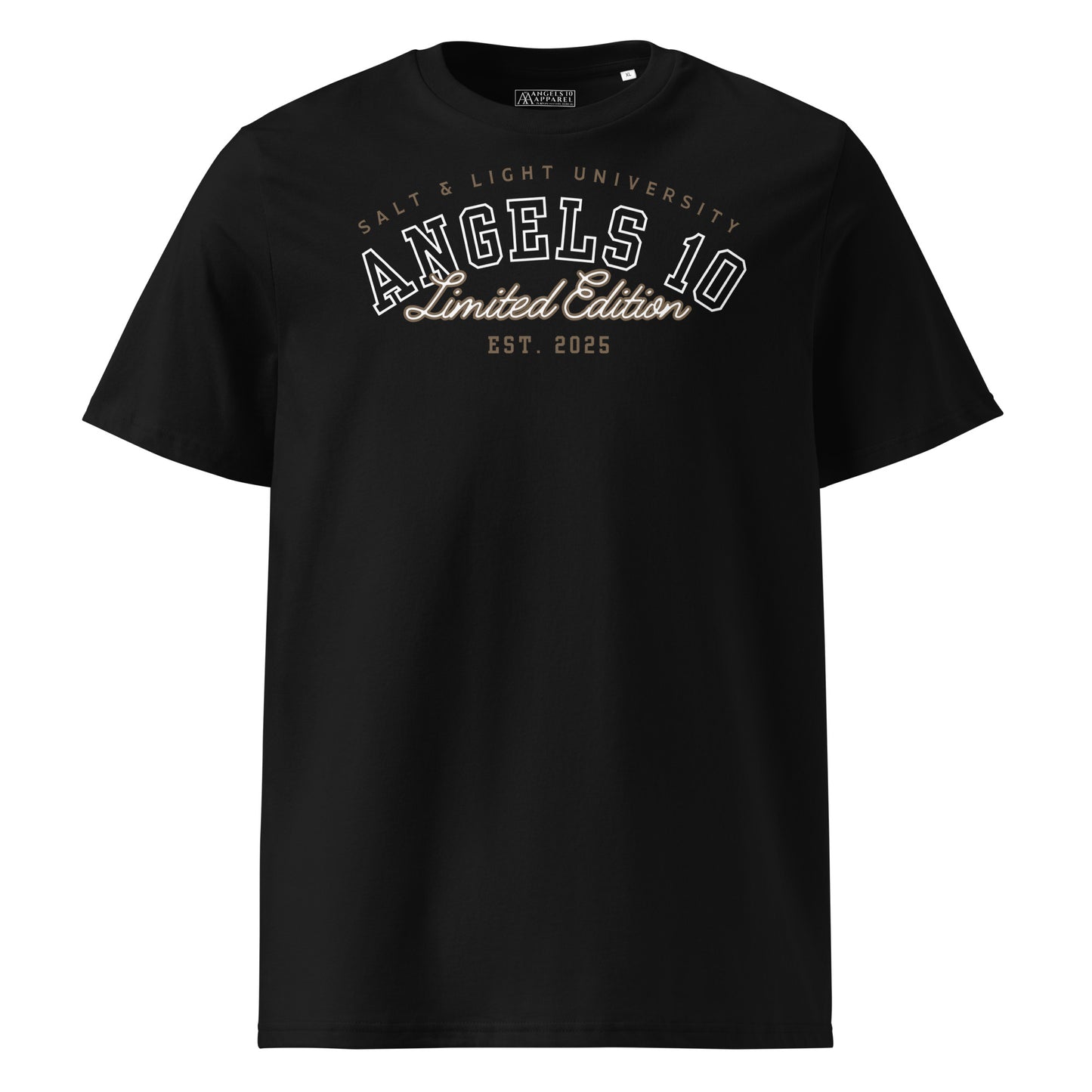 Front view of the Salt & Light Unisex Organic Ribbed Neck T-Shirt in black, featuring a stylish design that inspires faith, perfect for showcasing your commitment to discipleship as you embody the salt & light of the world on campus.