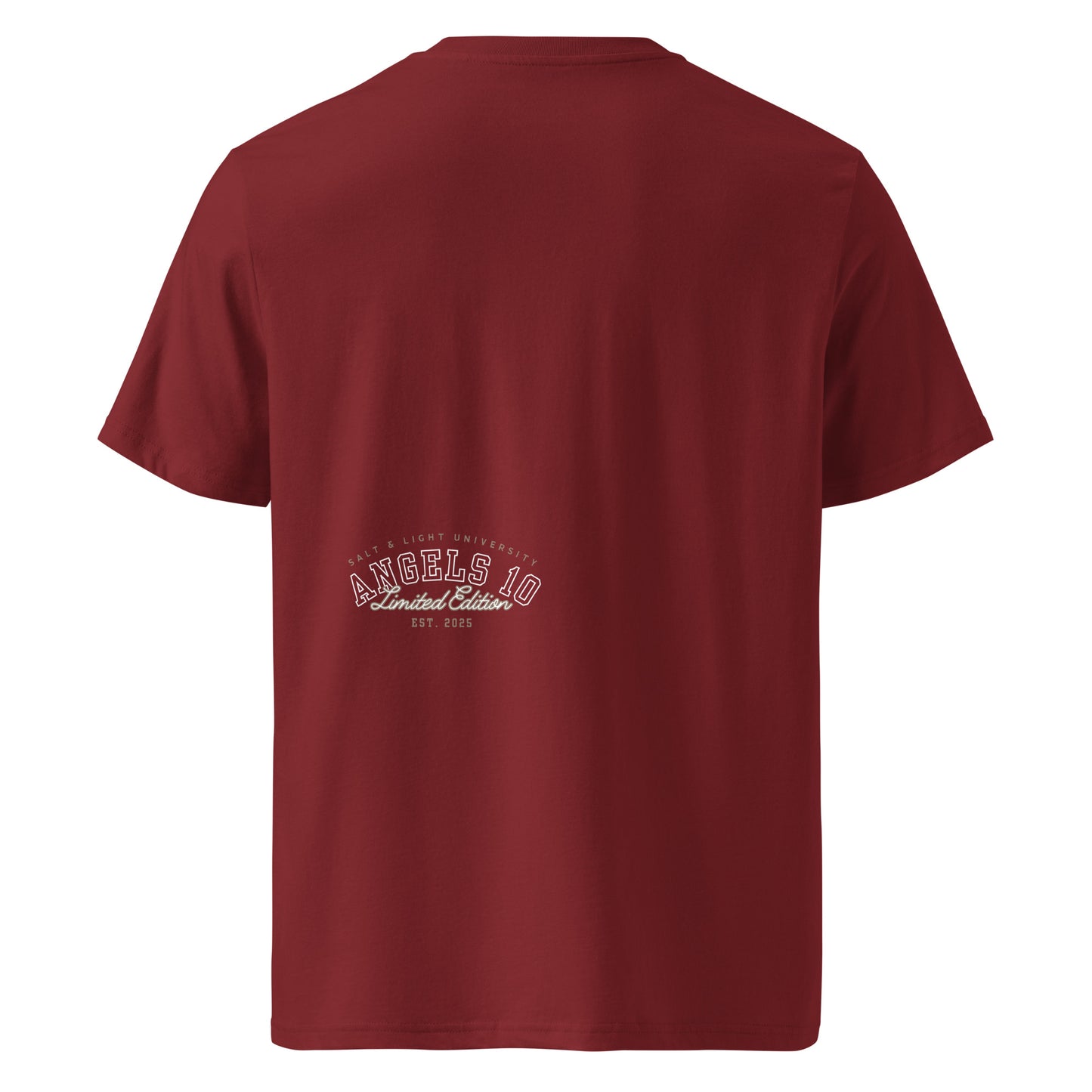 Back view of the maroon Salt & Light Unisex Organic Ribbed Neck T-Shirt showcasing the ANGELS 10 Limited Edition logo. This comfortable t-shirt is great for expressing your faith and values, making it a stylish statement for students involved in discipleship and living as the salt & light of the world.