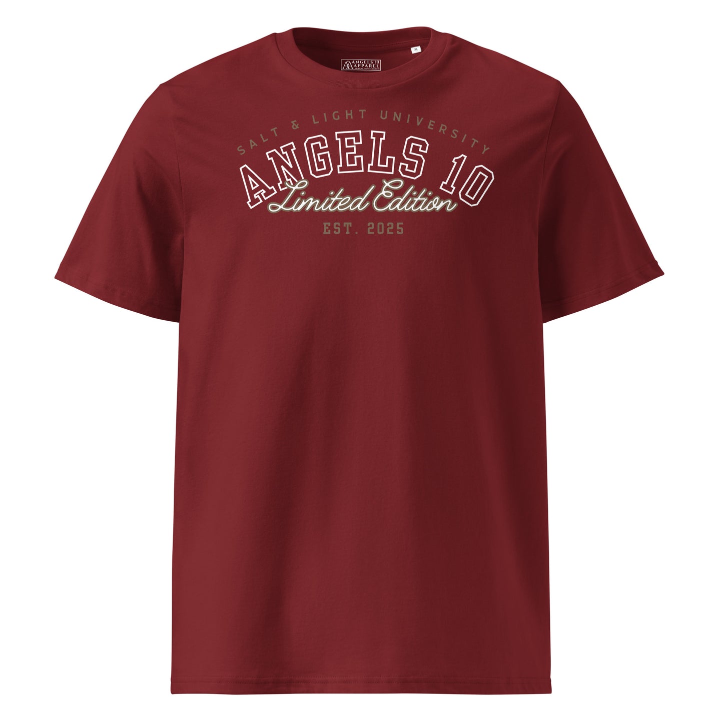 Front view of the Salt & Light Unisex Organic Ribbed Neck T-Shirt in maroon, featuring a trendy logo from ANGELS 10. A perfect fit for college students who wish to represent their christian beliefs while embracing discipleship and the message of being the salt & light of the world.