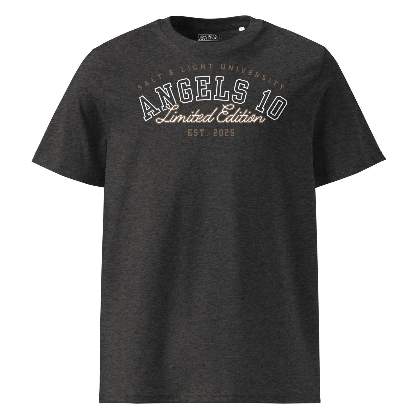 Front view of the Salt & Light Unisex Organic Ribbed Neck T-Shirt in dark gray, showcasing the ANGELS 10 Limited Edition logo. Ideal for anyone passionate about their faith and lifestyle, this shirt highlights the spirit of christian community and discipleship, perfect for college settings.